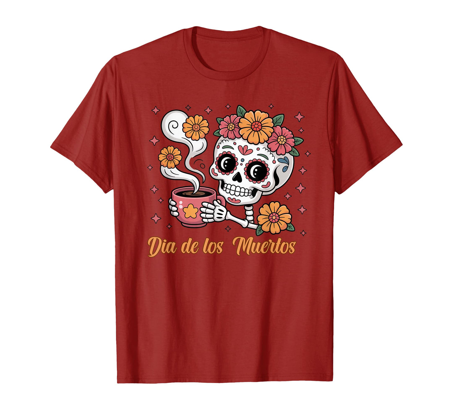 Dia de Los Muertos Sugar Skull with Cafecito Vibes T-Shirt