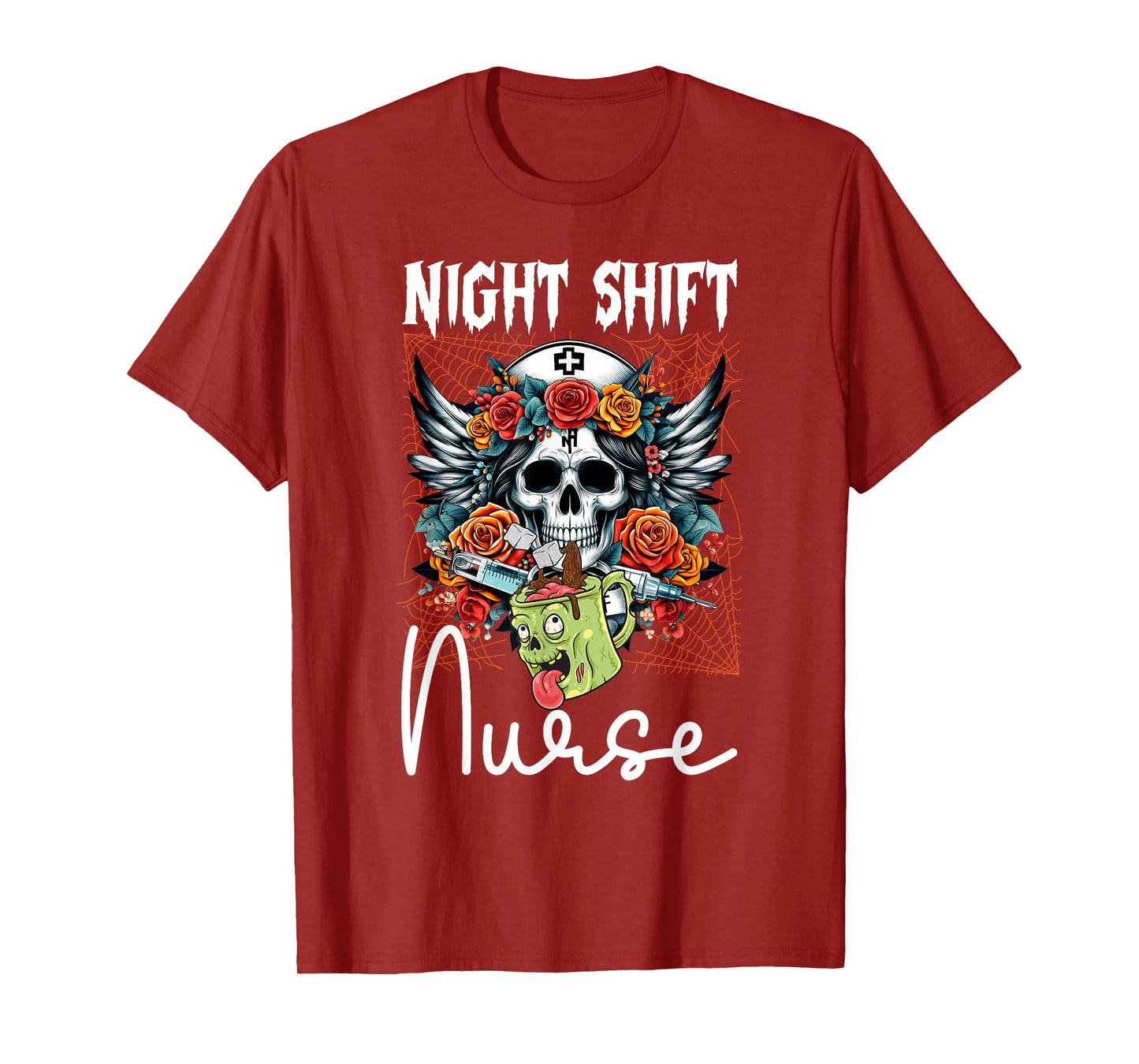 Floral Night Shift Nurse Skeleton Halloween RN Nurses Skull T-Shirt
