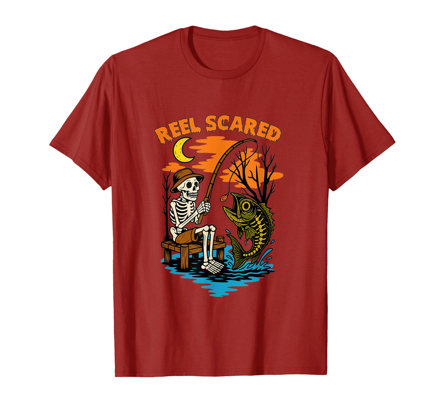 Reel Scared Halloween Fishing Funny Skeleton Fisherman Bass T-Shirt