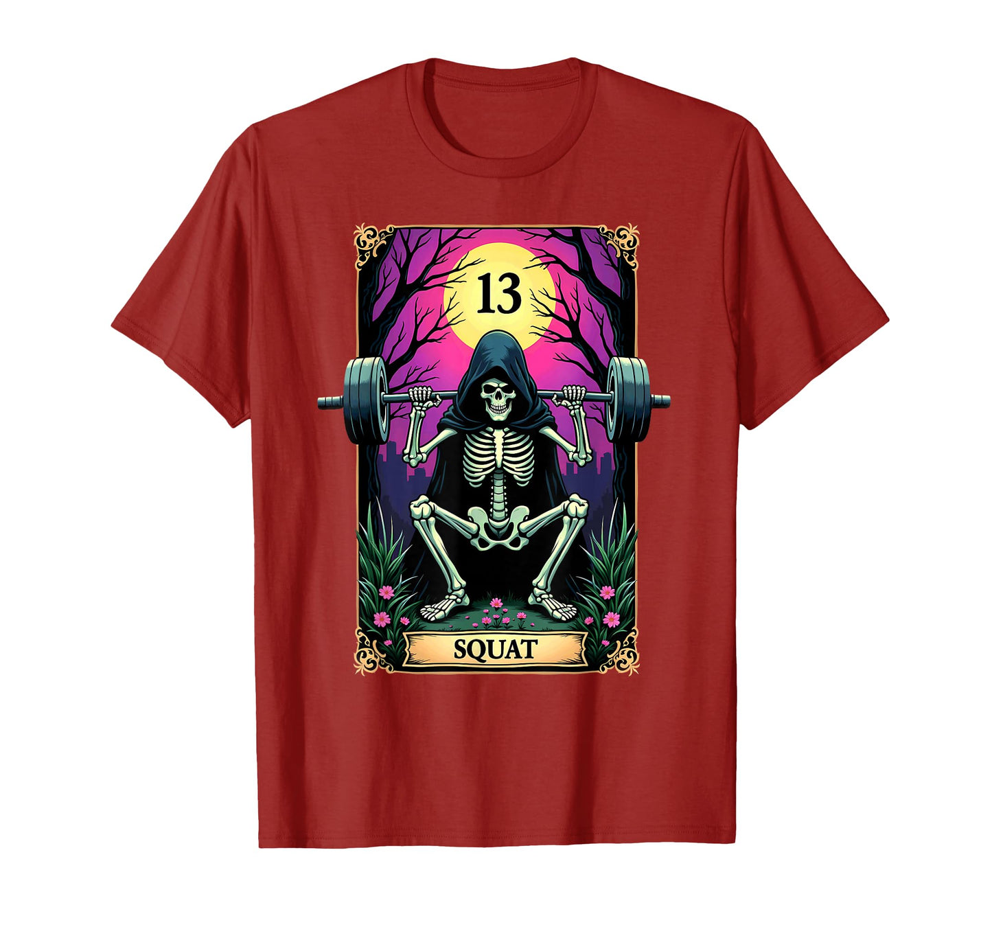 Gothic Tarot Card Skeleton Squat Weightlifting T-Shirt