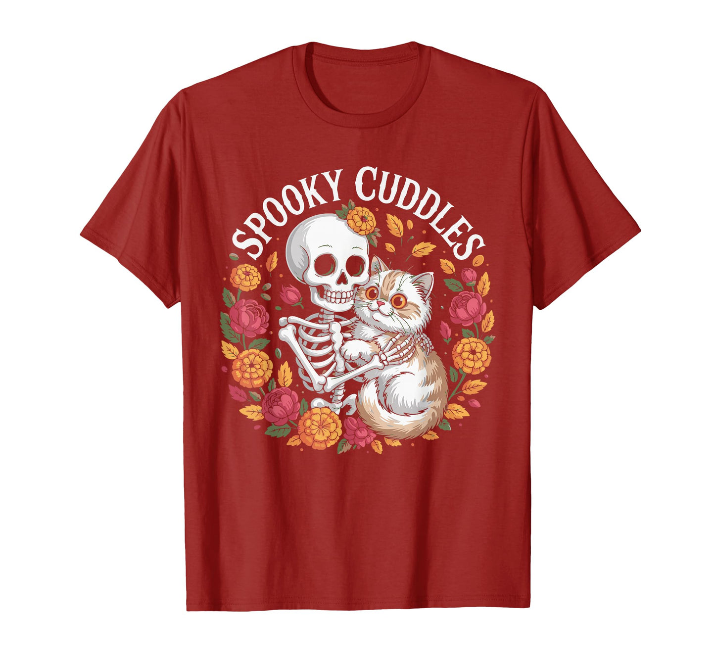 Skeleton Hugging Cat Floral Spooky Halloween Outfit Women T-Shirt