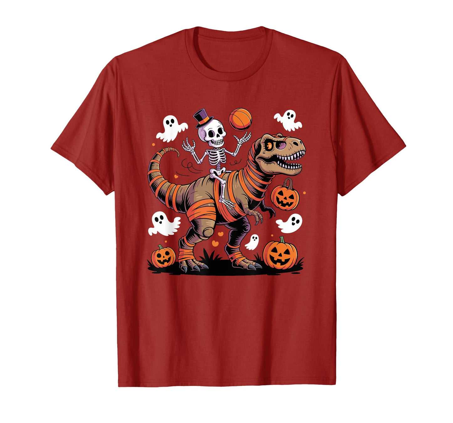 Basketball Skeleton Riding Mummy Dinosaur T-Rex Halloween T-Shirt