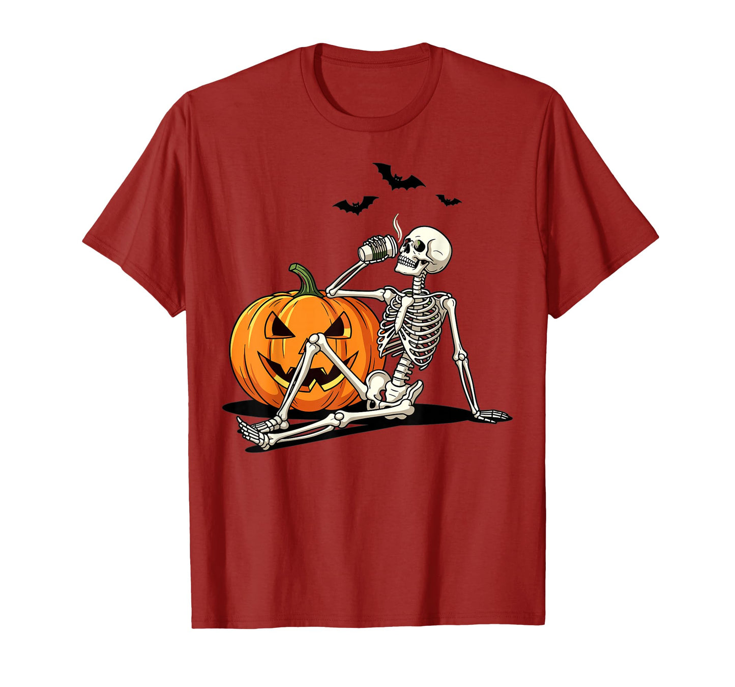 Skeleton Pumpkin Halloween Bat Drinking Spooky Vibe T-Shirt