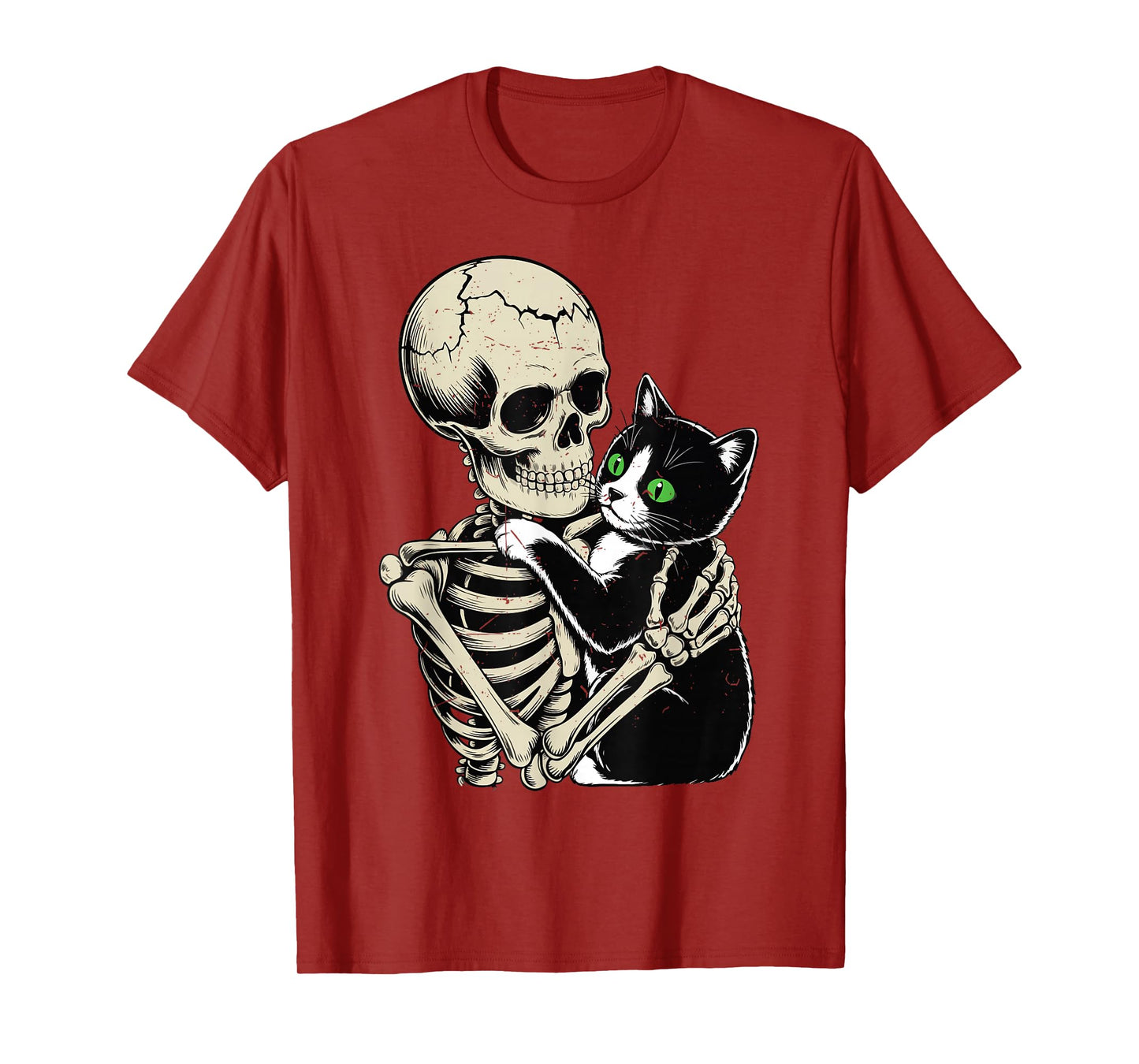 Skeleton Hugging Tuxedo Cat Funny Halloween Cat Dad Mom Gift T-Shirt