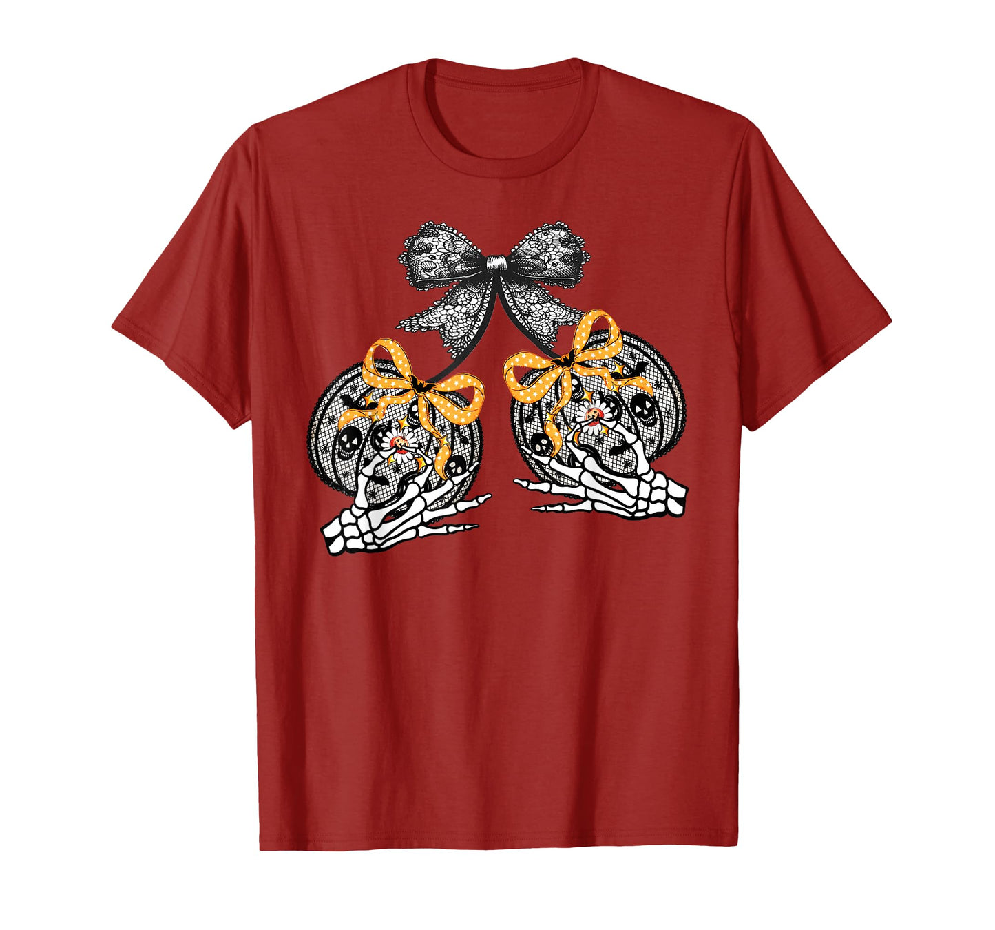 Funny Pumpkin Cherries Skeleton Lace Coquette Bow Halloween T-Shirt