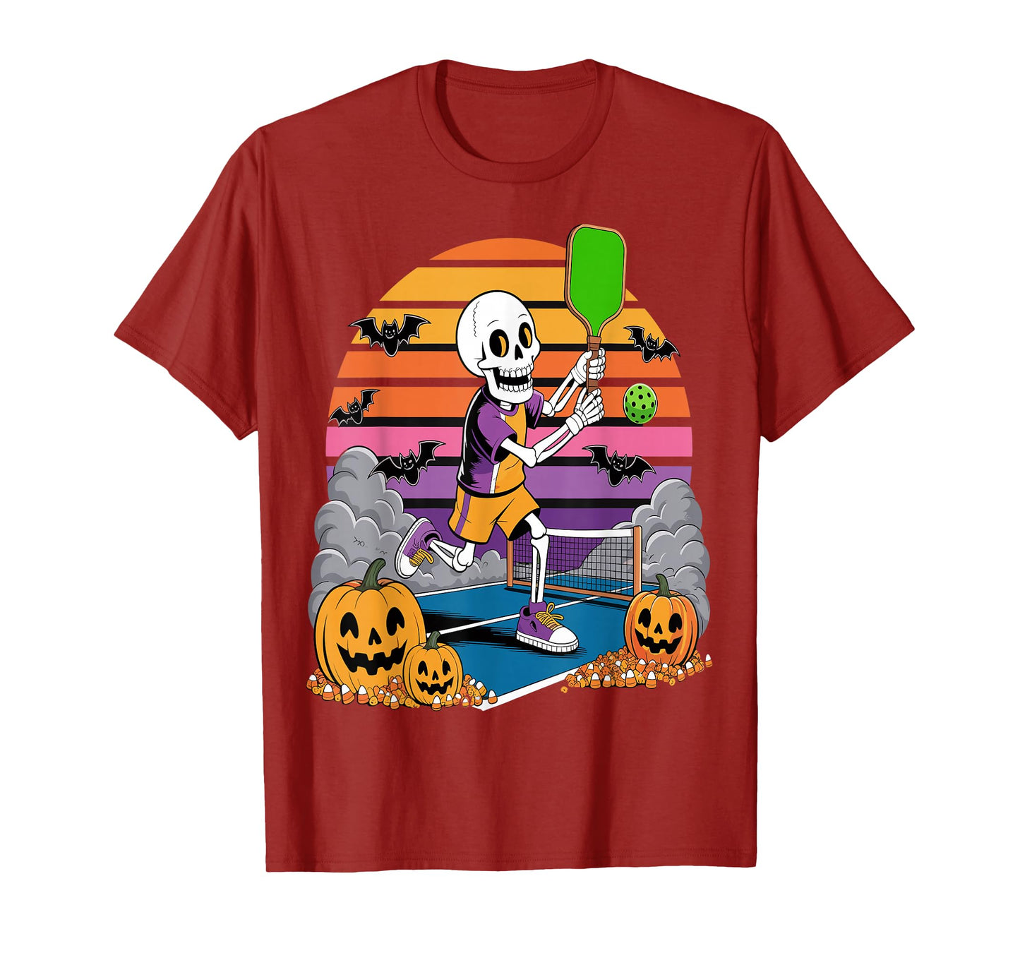 Pumpkin Skeleton Halloween Pickleball Spooky Sports T-Shirt