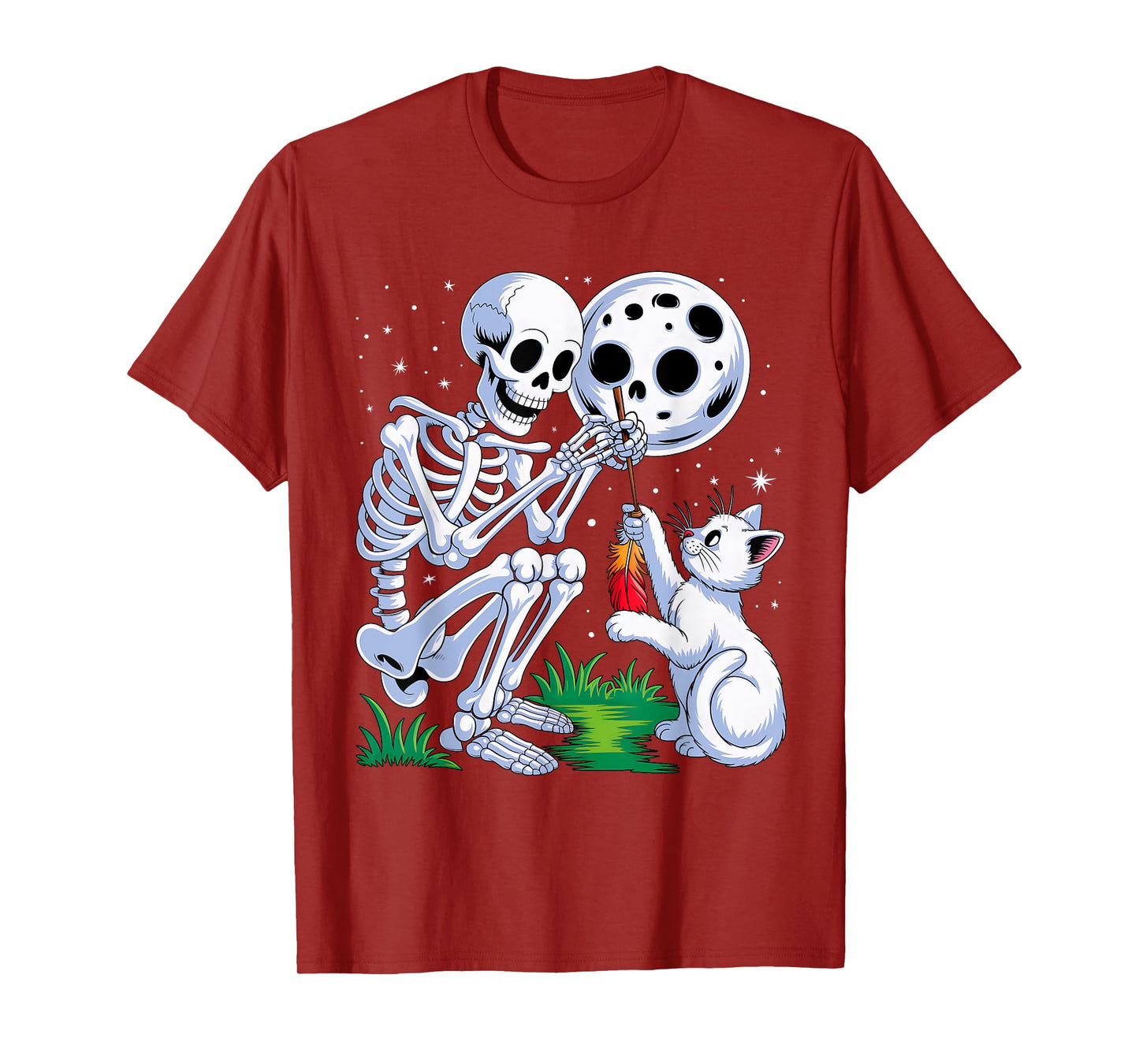 Skeleton Cat Moon Night Halloween Funny Cute Men Women Girls T-Shirt