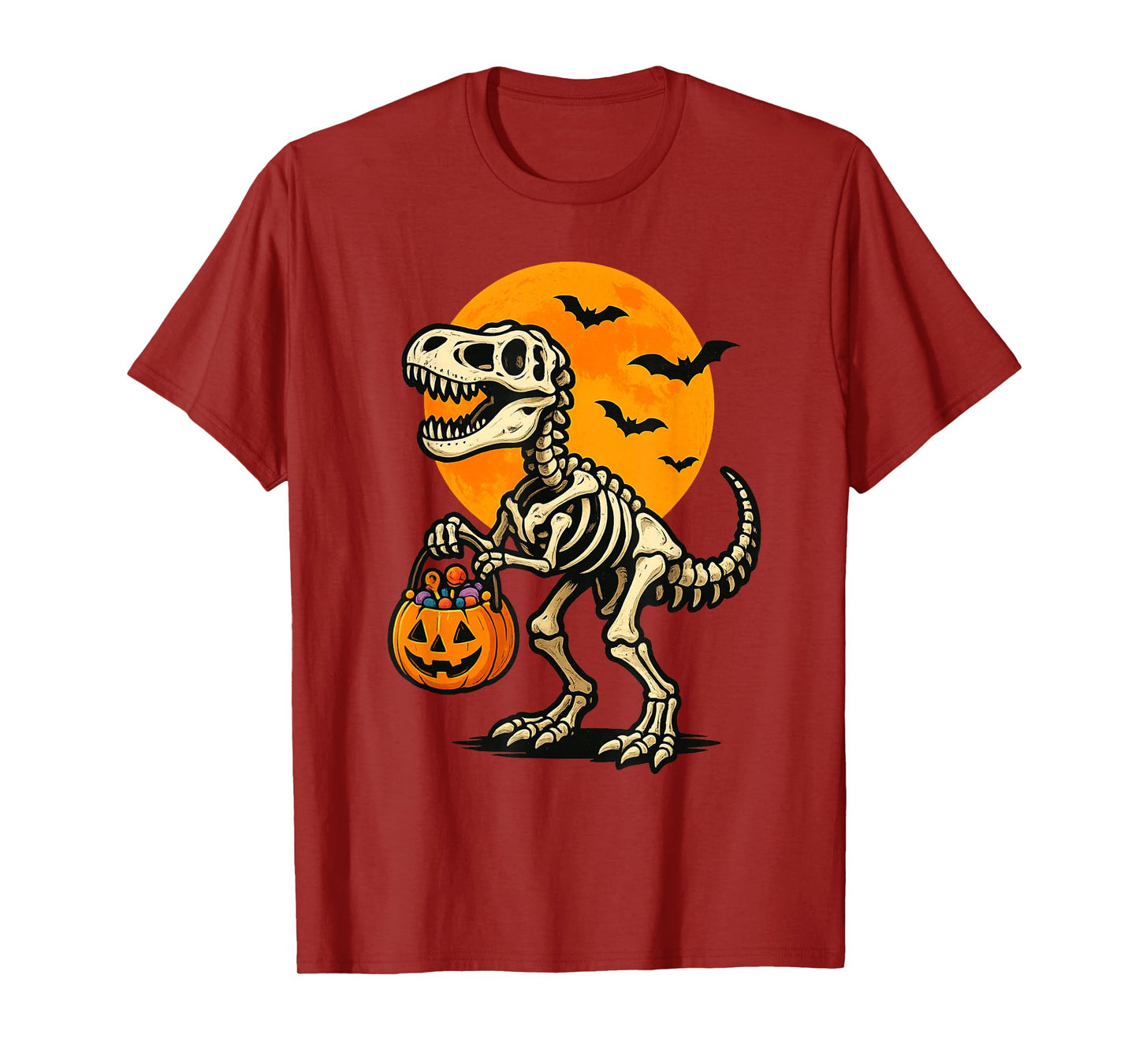 Halloween T-Rex Skeleton with Pumpkin and Full Moon T-Shirt