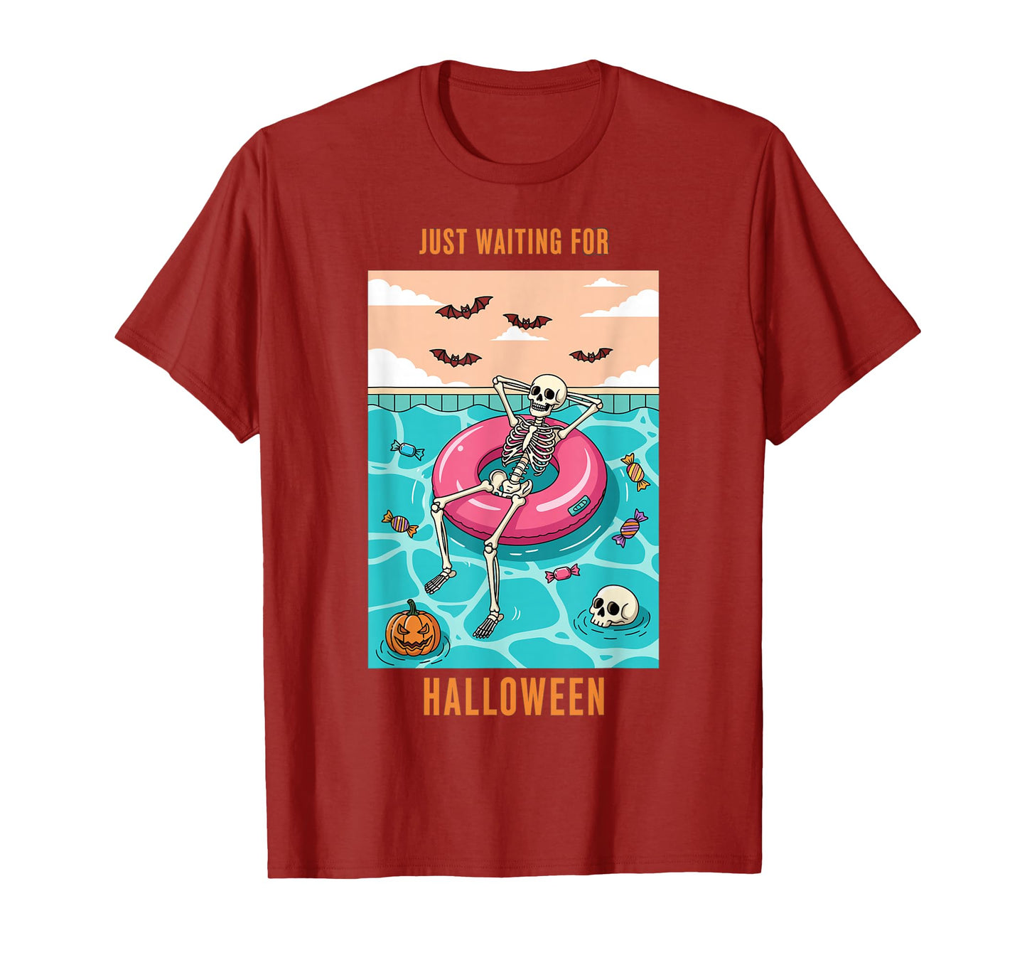 Just Waiting for Halloween Skeleton Float Spooky Fun T-Shirt