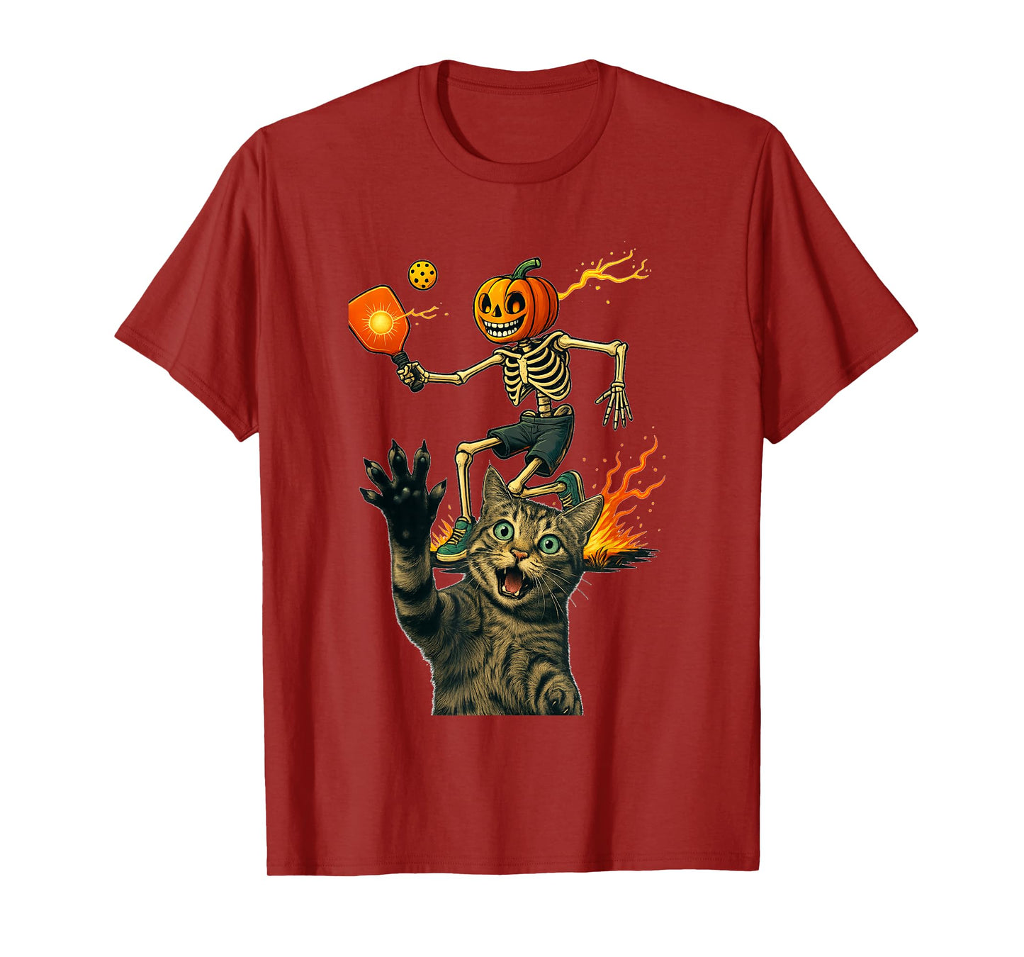 Pumpkin Head Skeleton Pickleball Halloween Spooky Cat T-Shirt