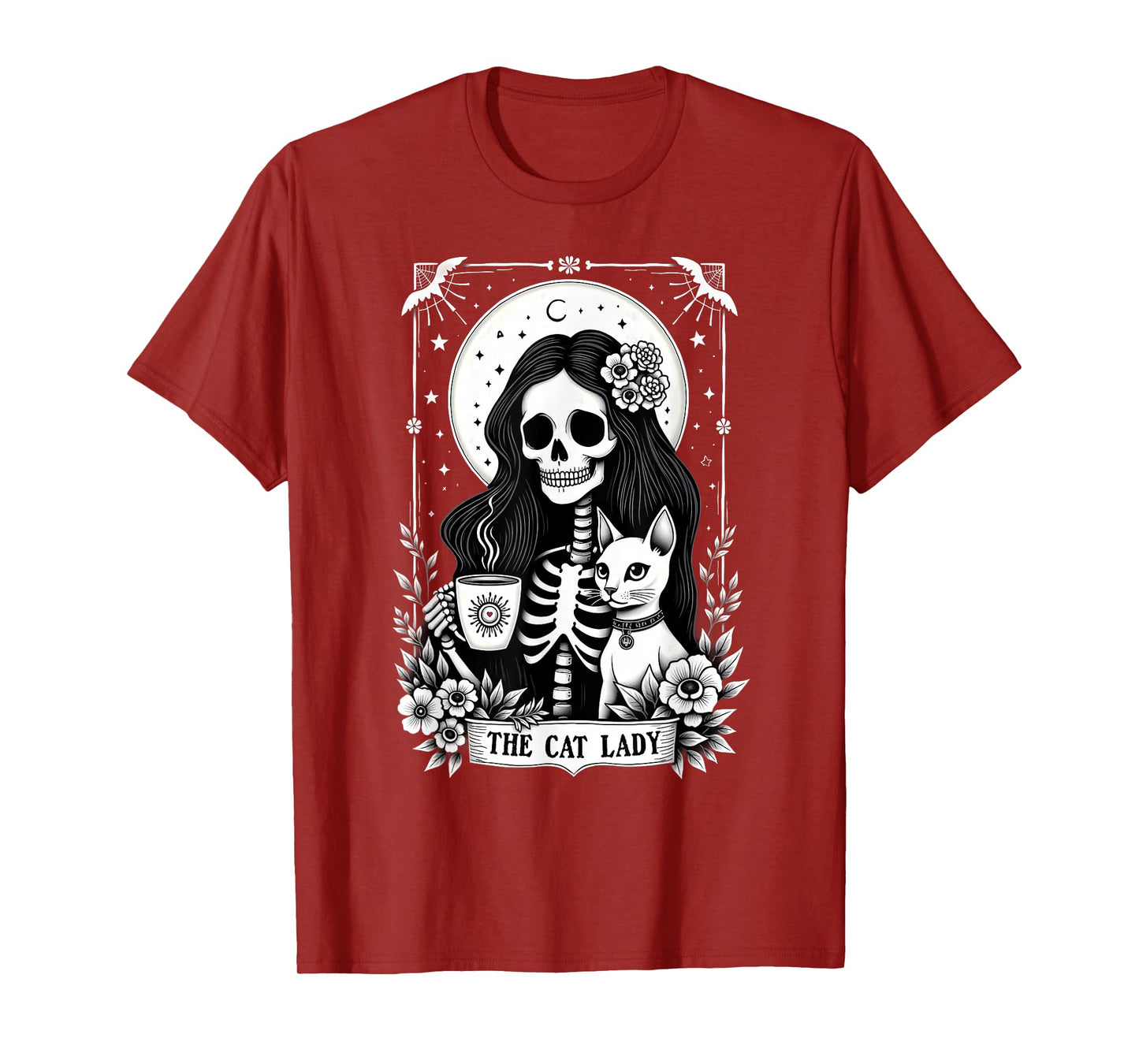 Gothic Tarot Card Cat Lady Skeleton Coffee T-Shirt