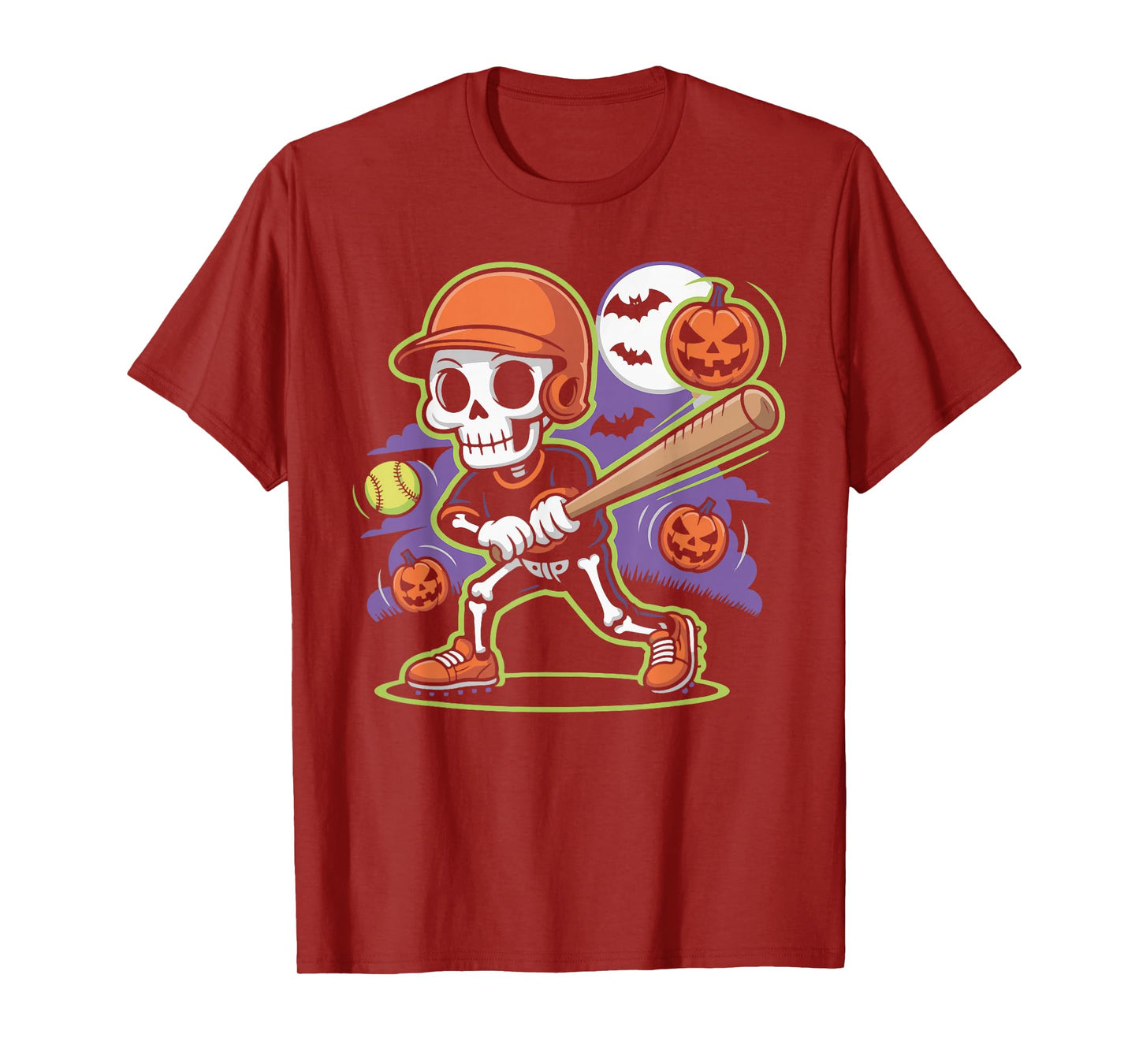 Spooky Season Skeleton Baseball Player Halloween Moon Kids T-Shirt
