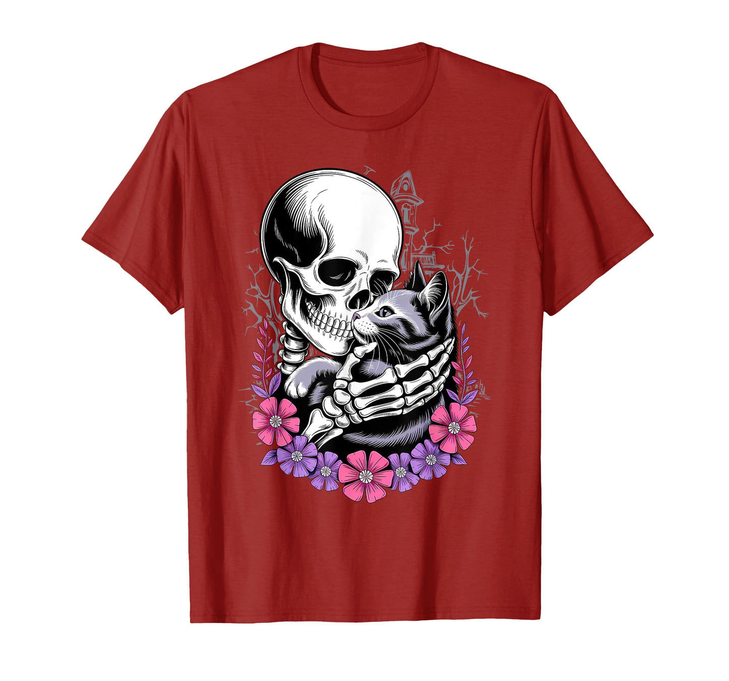 Skeleton Hugging Black Cat Flowers Halloween Women Girls T-Shirt