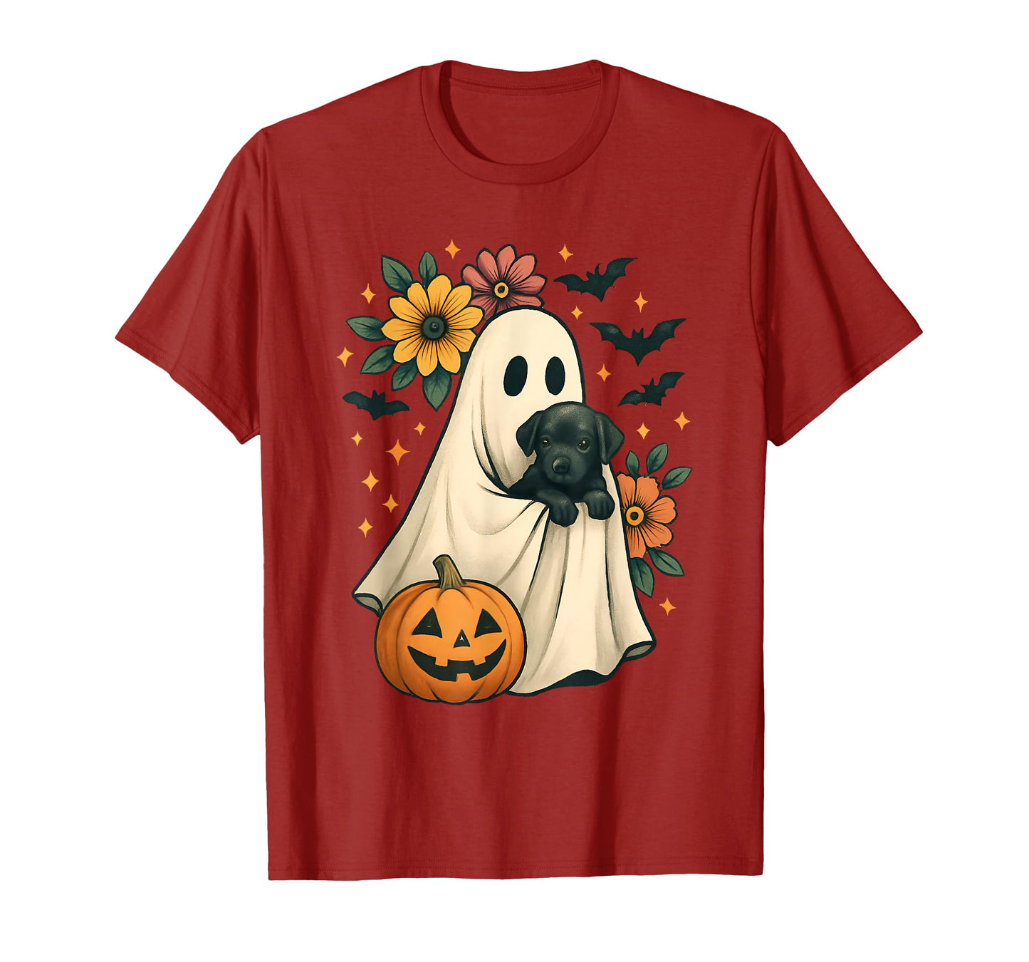 Floral Ghost Black Dog Coquette Funny Halloween Design T-Shirt