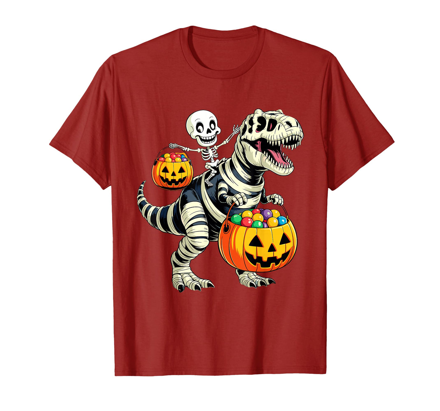 Skeleton Riding Mummy Dinosaur Trex Spooky Pumpkin Halloween T-Shirt