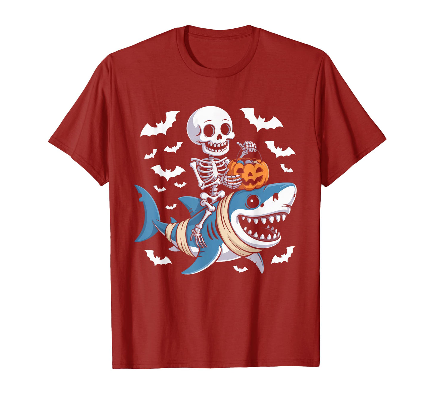 Skeleton Riding Mummy Shark Funny Halloween Pumpkin T-Shirt