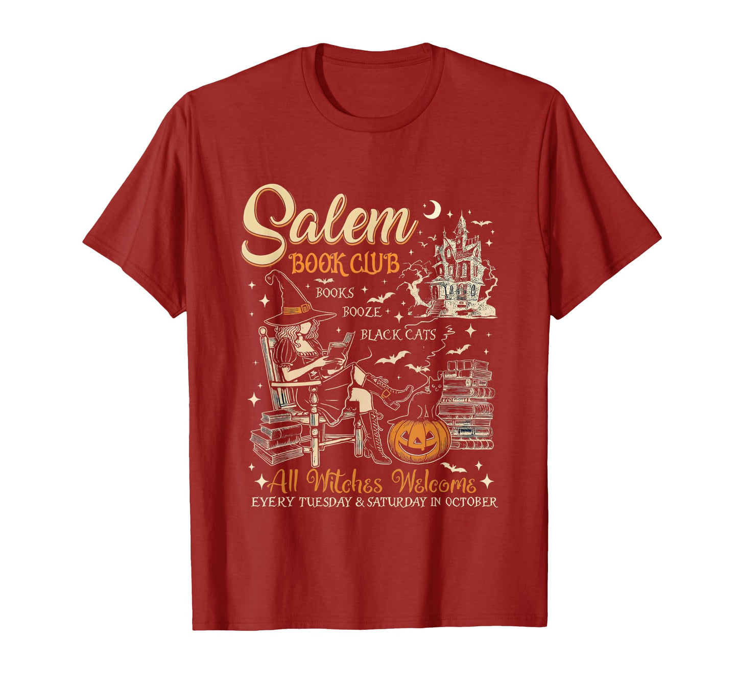 Vintage Salem-Book Booze Bats Book Club All Witches Welcome T-Shirt