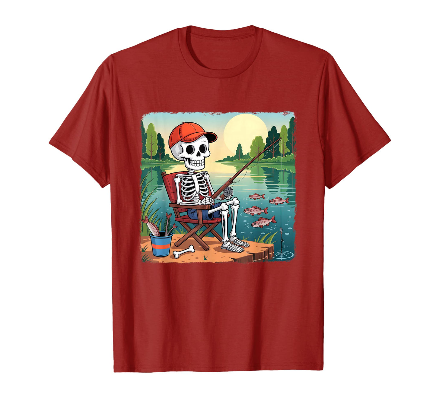 Skeleton Fishing by Lake Halloween Fisherman Fish Love T-Shirt