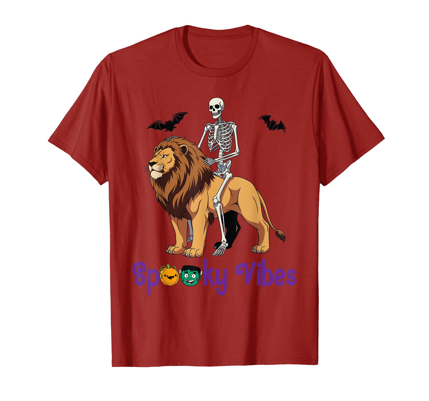 Skeleton Riding Lion with Bats Funny Halloween Spooky Vibes T-Shirt