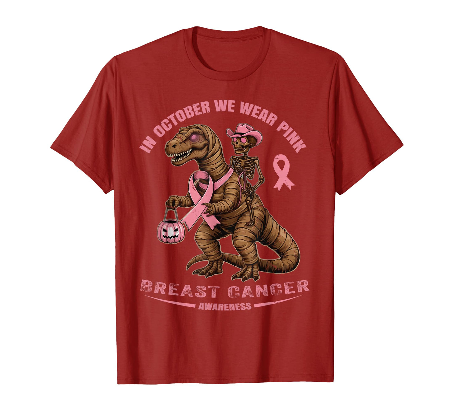 Breast Cancer Dinosaur and Cowboy Skeleton in Pink T-Shirt