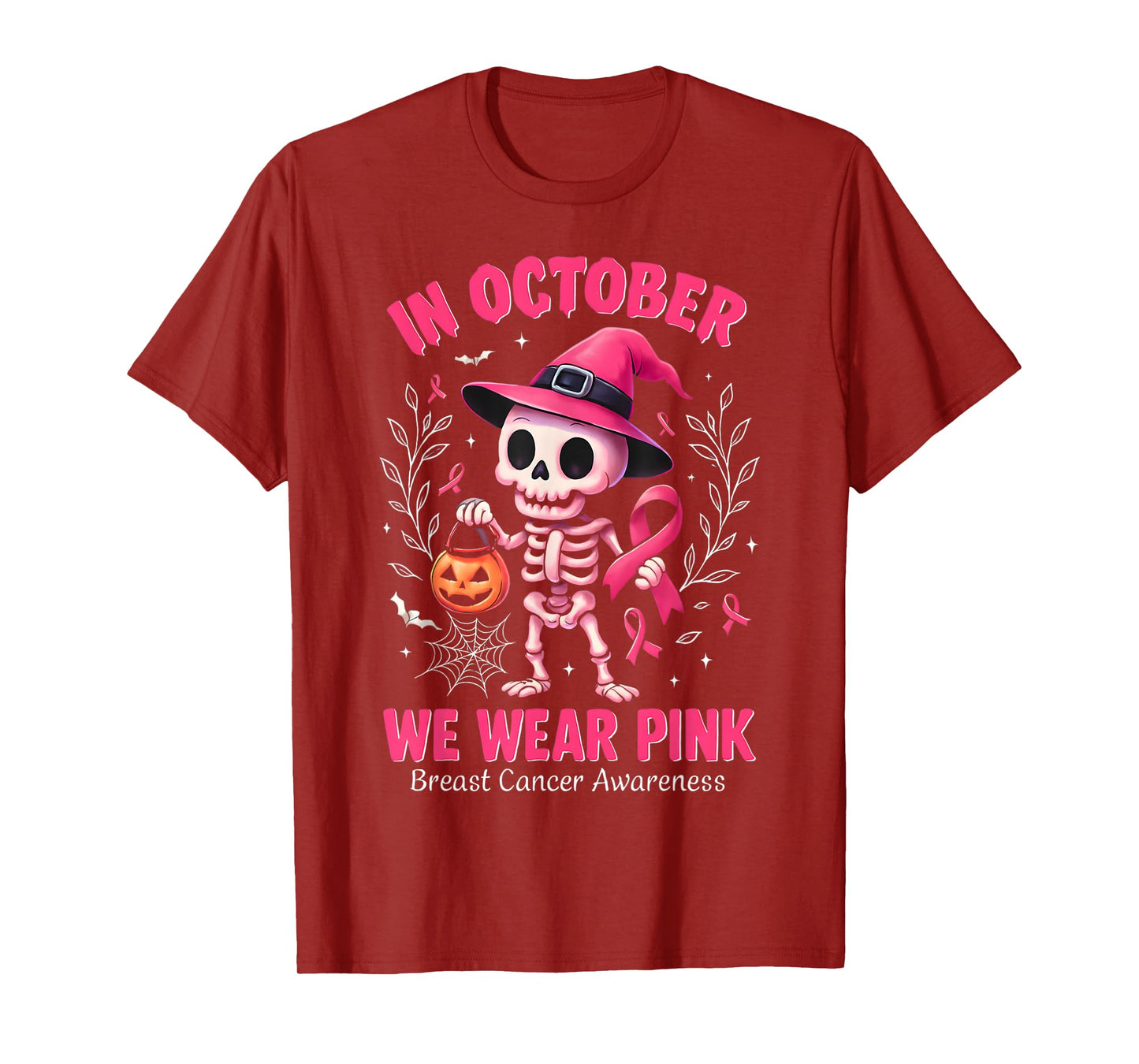 in October We Wear Pink Skeleton Breast Cancer Awareness T-Shirt