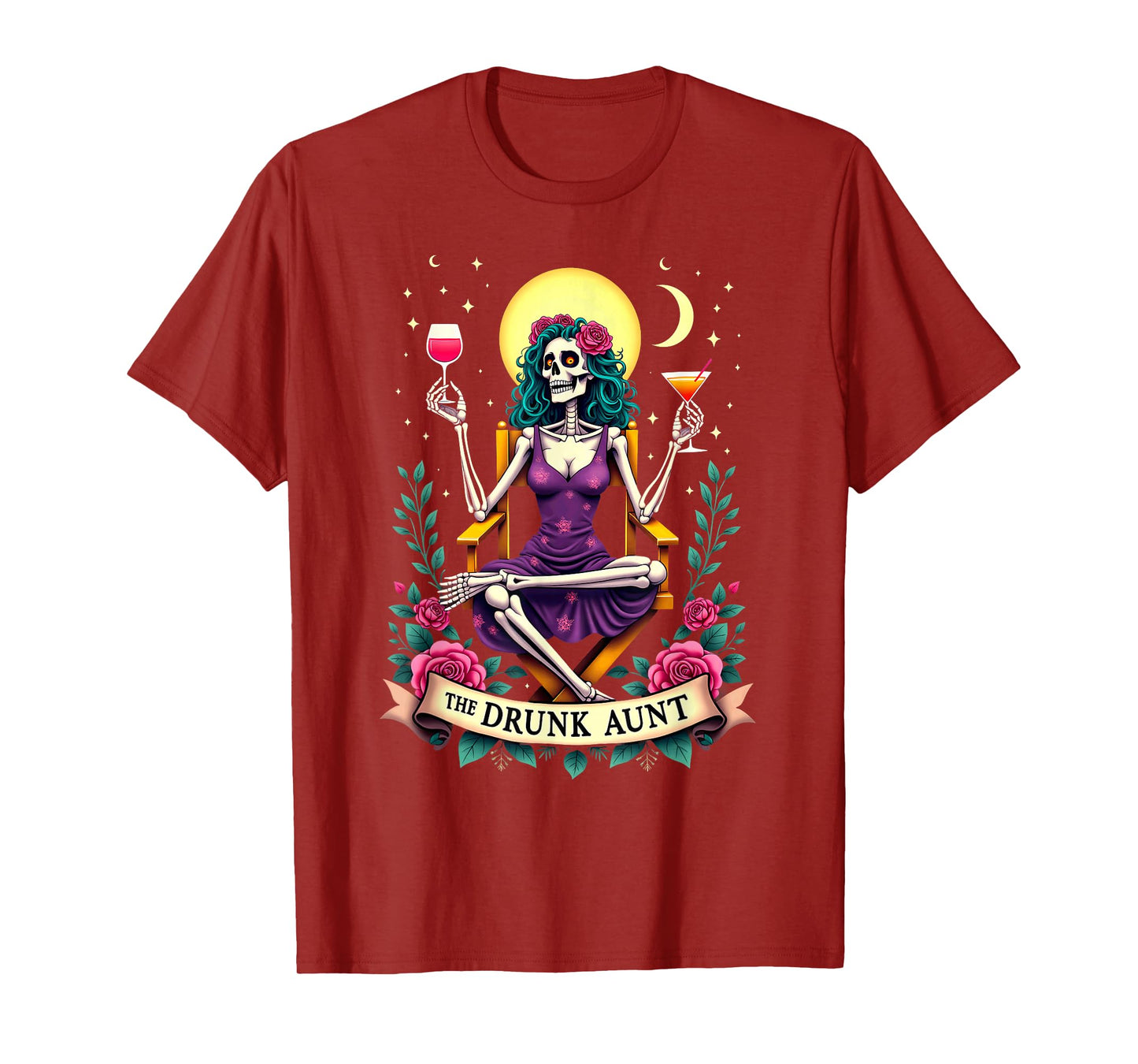 Gothic Tarot Card The Drunk Aunt Skeleton Halloween T-Shirt
