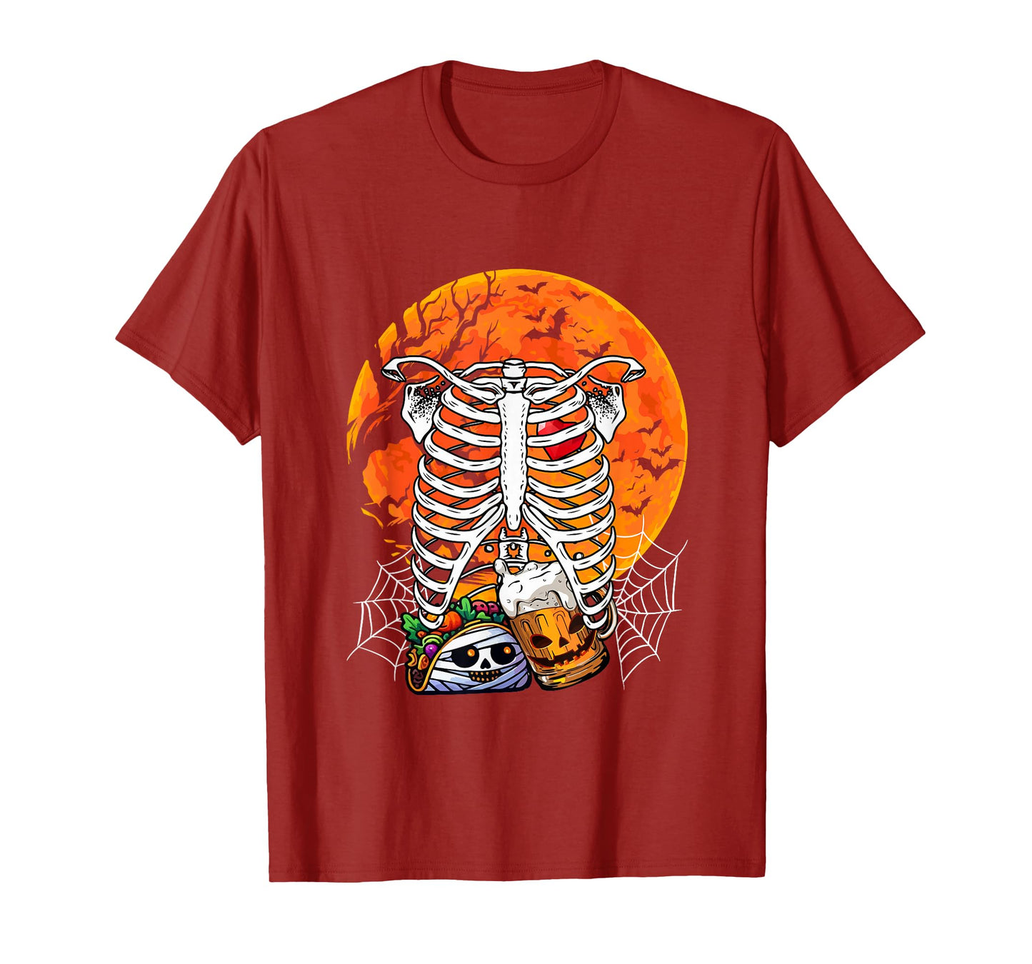 Horror Beer Taco Inside Rib Cage X-ray Skeleton Halloween T-Shirt