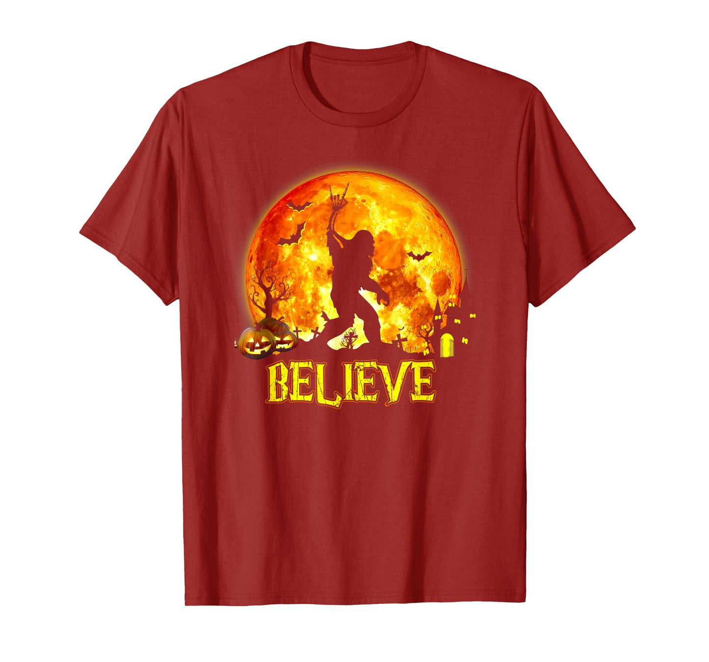 Believe Bigfoot Rock On Halloween Skeleton Hand Sasquatch T-Shirt