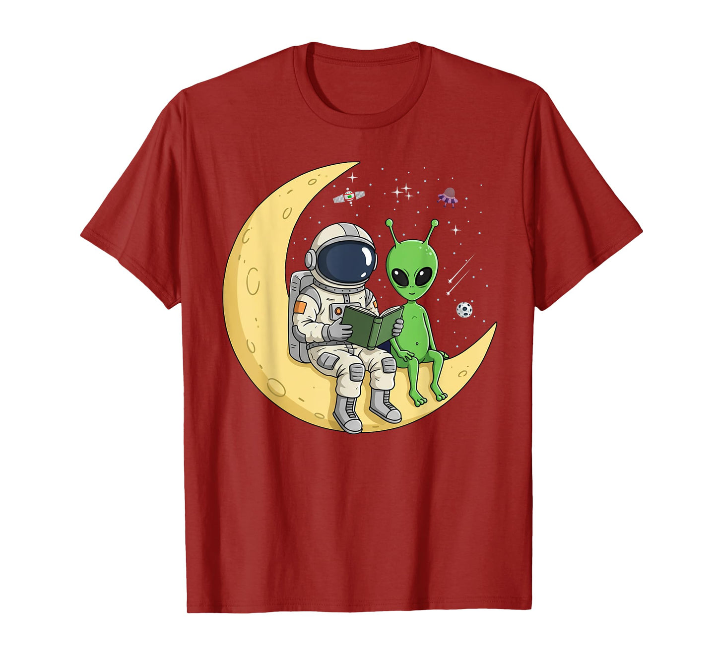 Astronaut Reading Book To Alien Moon Space Women Kids Men T-Shirt