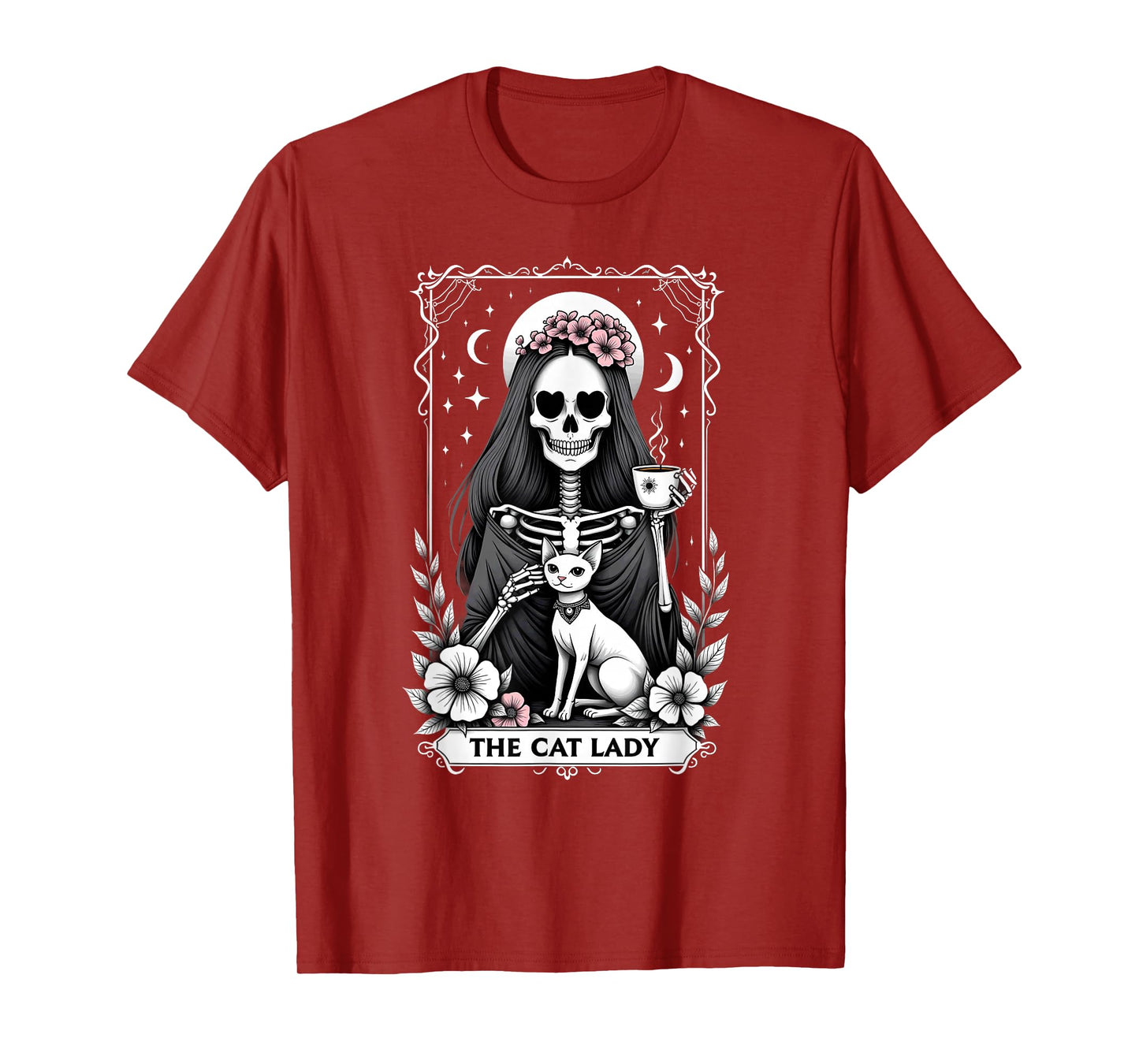 Gothic Tarot Card Cat Lady Skeleton Coffee T-Shirt