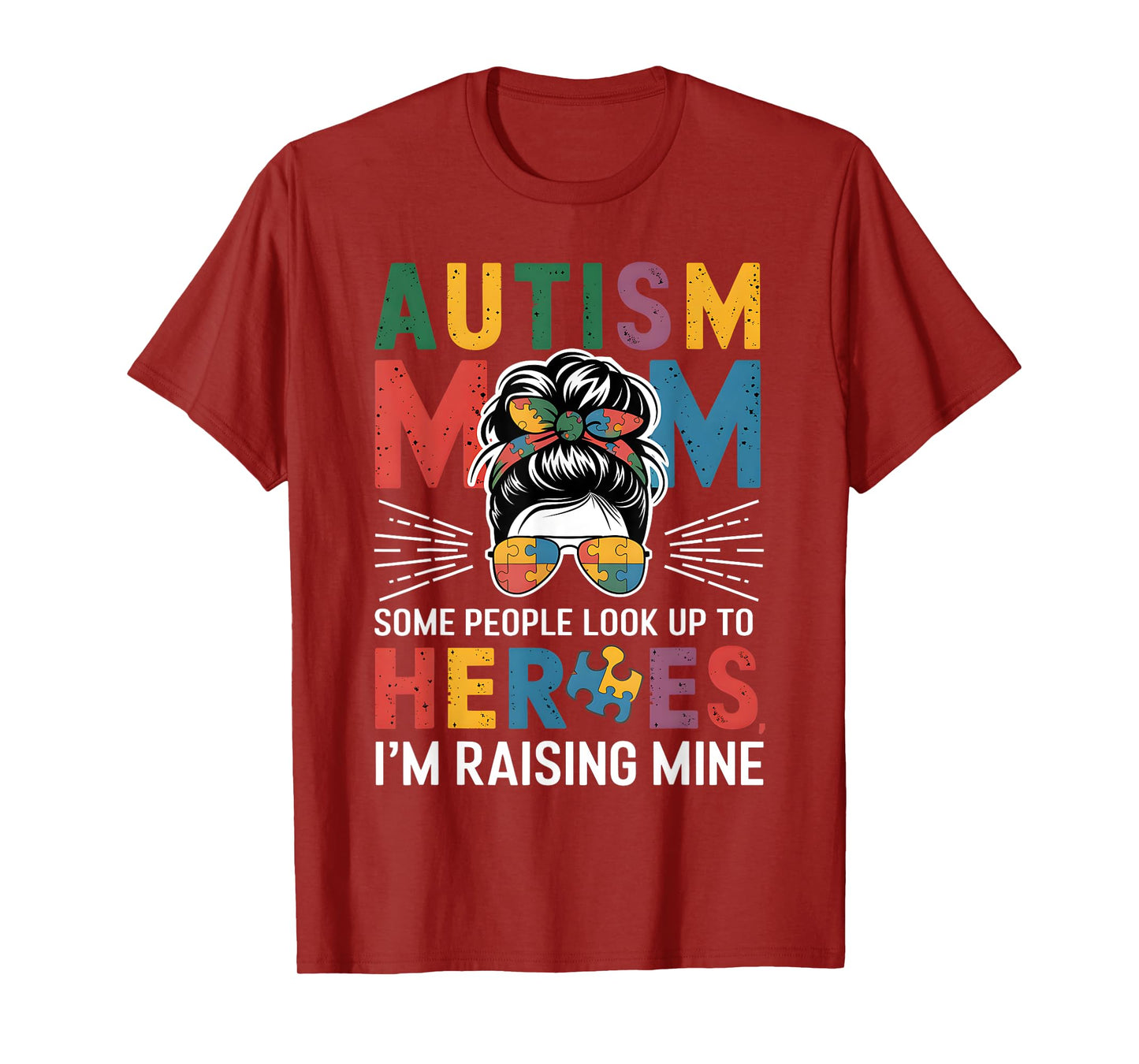 Autism Mom Raising Hero Groovy Messy Bun Autism Awareness T-Shirt