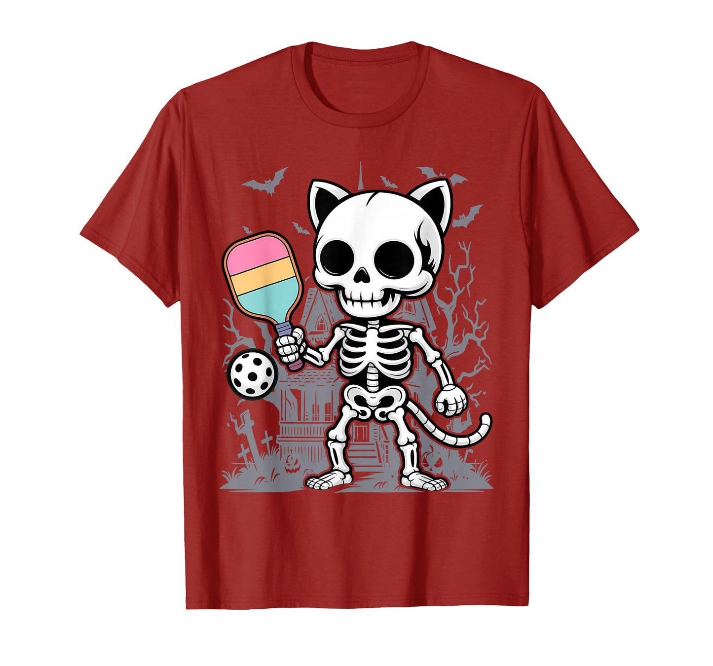 Funny Scary Pickleball Cat Skeleton Playing On Halloween T-Shirt