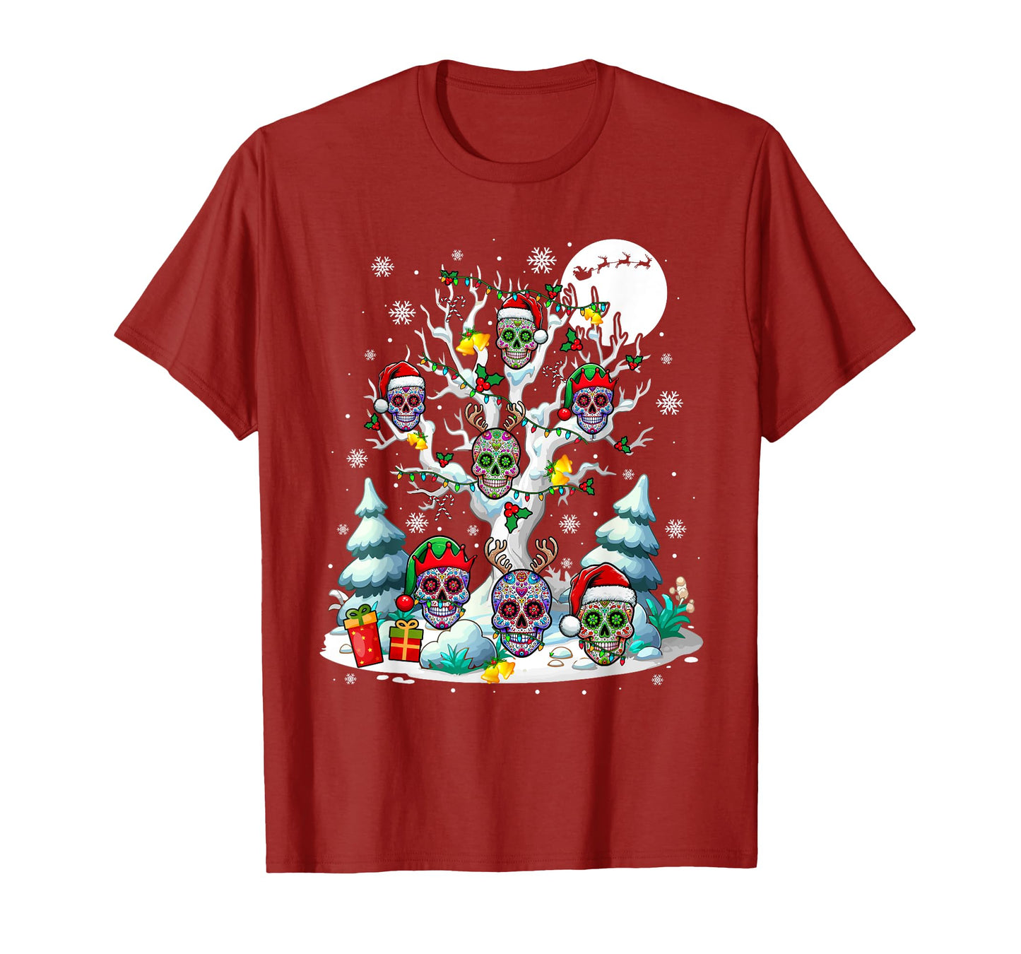 Group Santa Floral Skulls On Xmas Tree Snow Colorful Lights T-Shirt