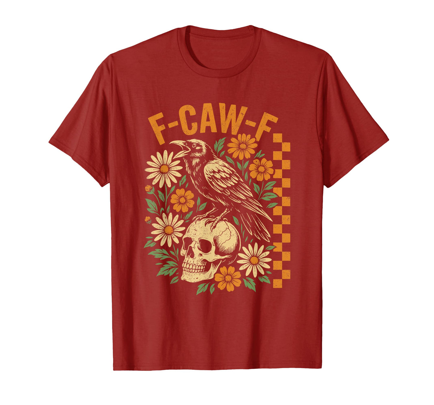Retro Black Crow F-Caw-F Black Bird Skull Floral Halloween T-Shirt