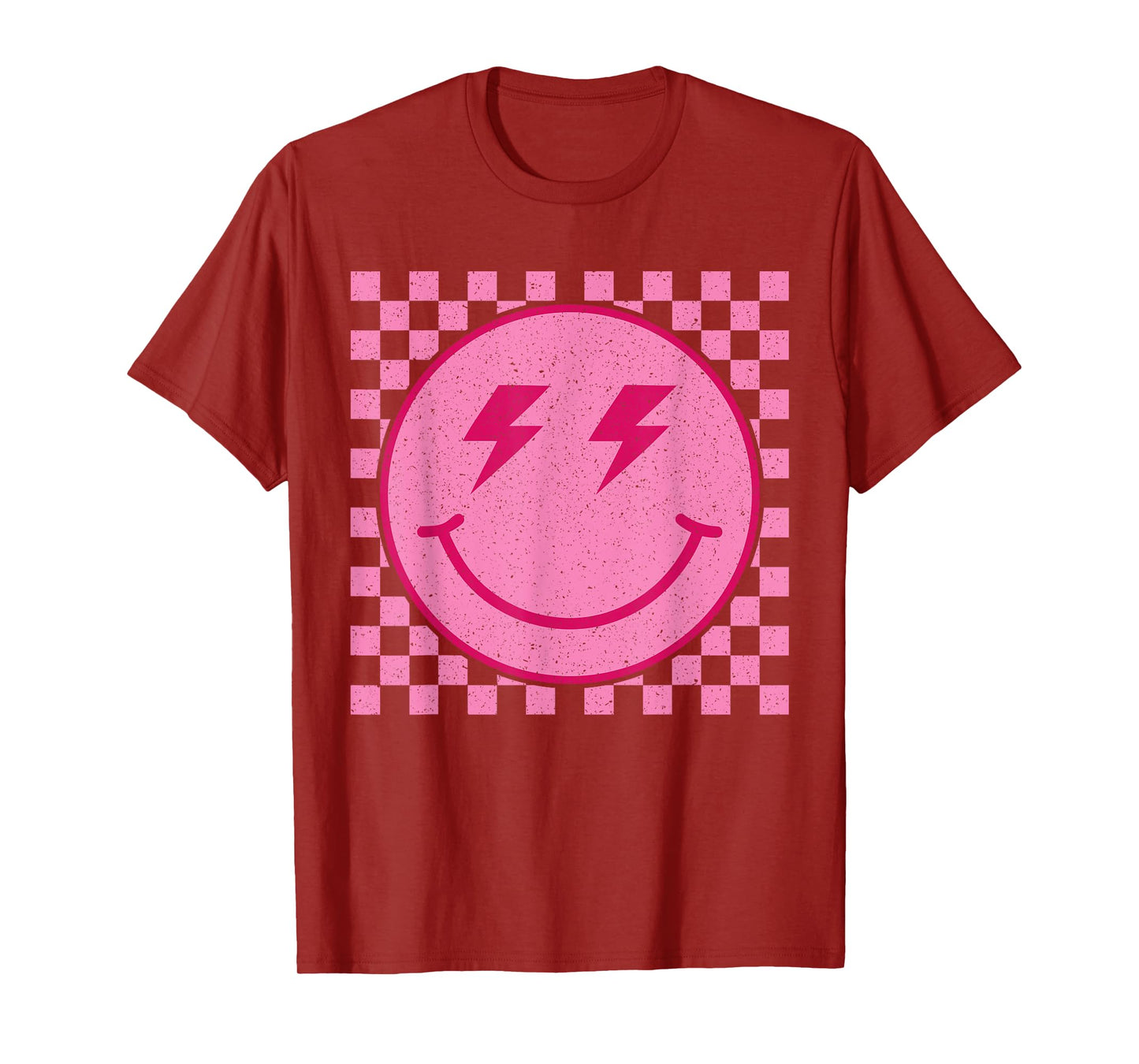 Retro Pink Happy Face Checkered Pattern Smile Face Trendy T-Shirt