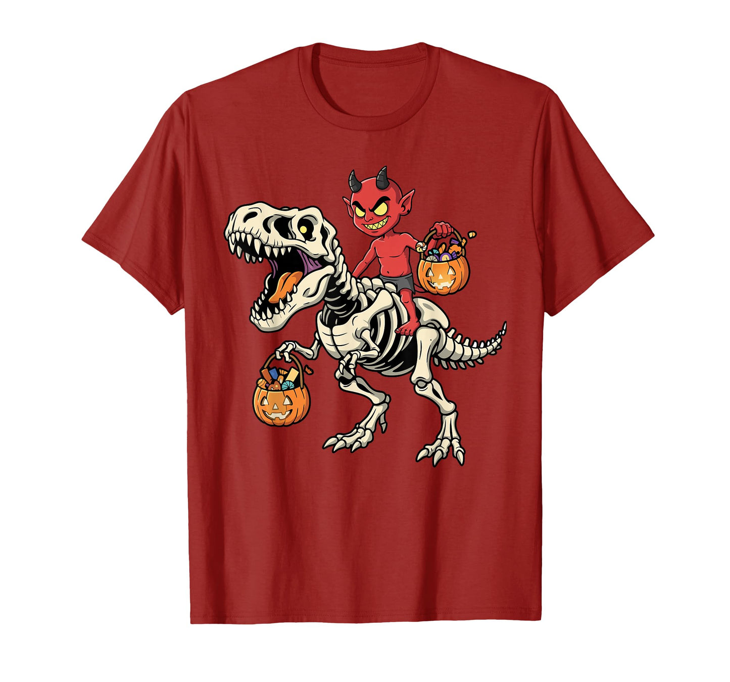 Demon Riding Skeleton T-Rex Funny Halloween Dinosaur T-Shirt