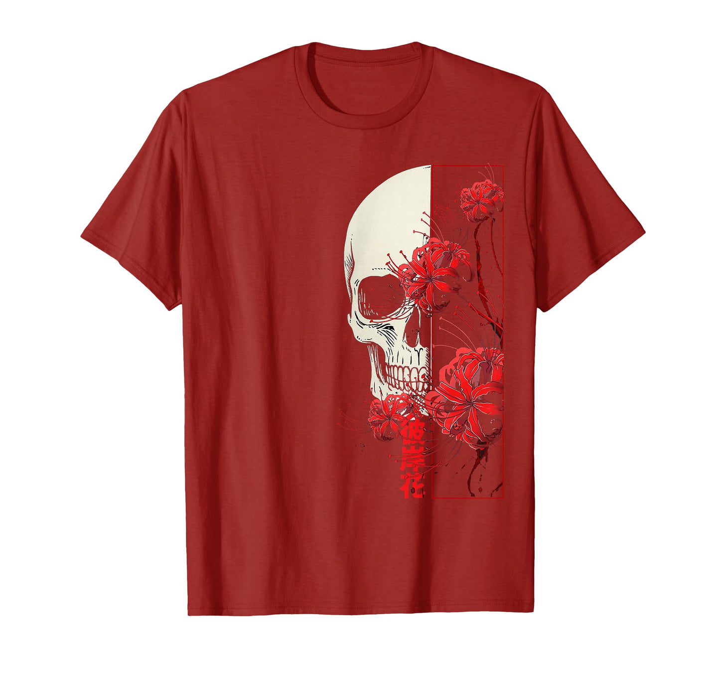 Skeleton Head Holding Red Spider Lily Aesthetic Red Flower T-Shirt