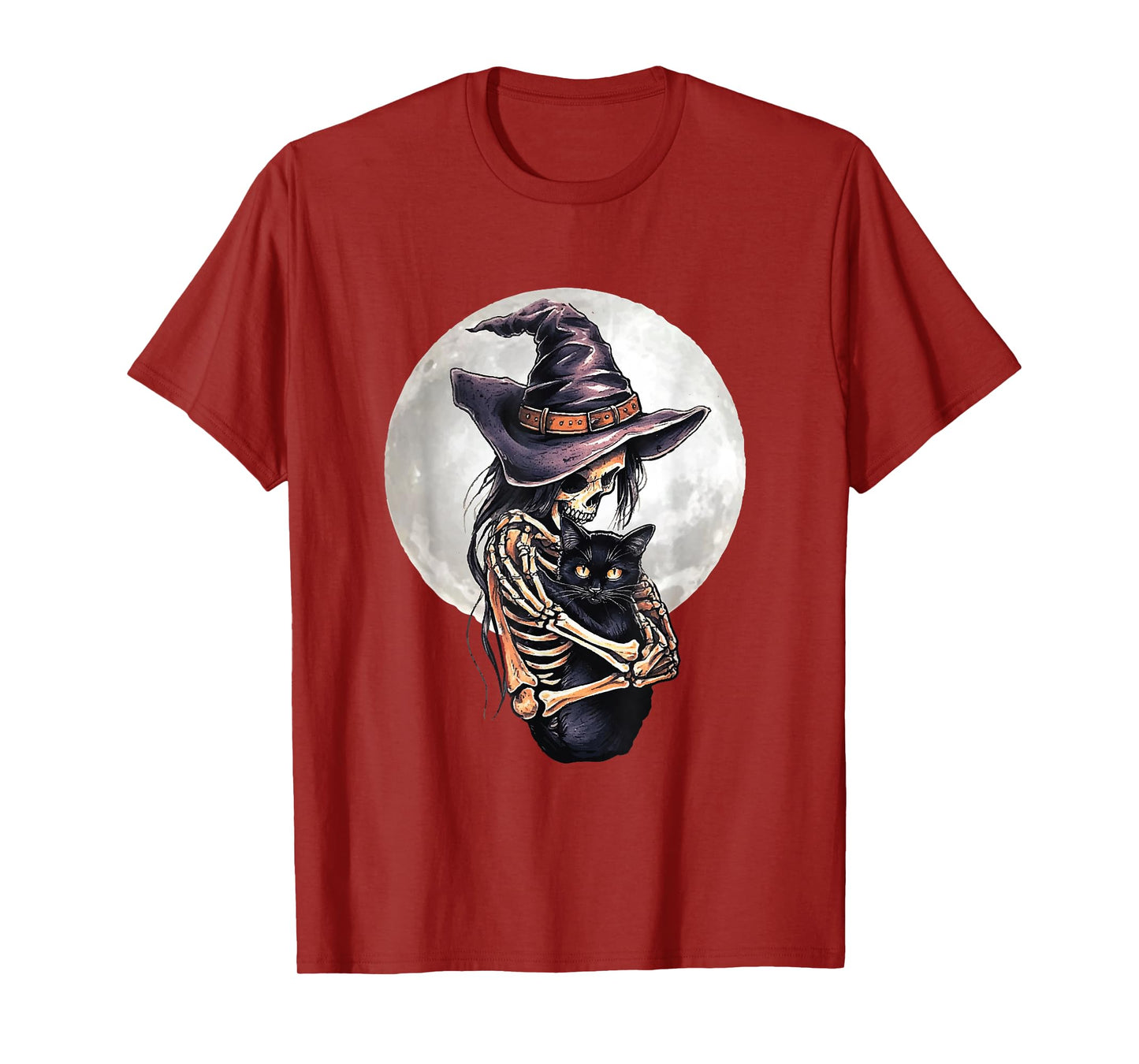 Witch Skeleton Holding Black Cat Full Moon Spooky Halloween T-Shirt