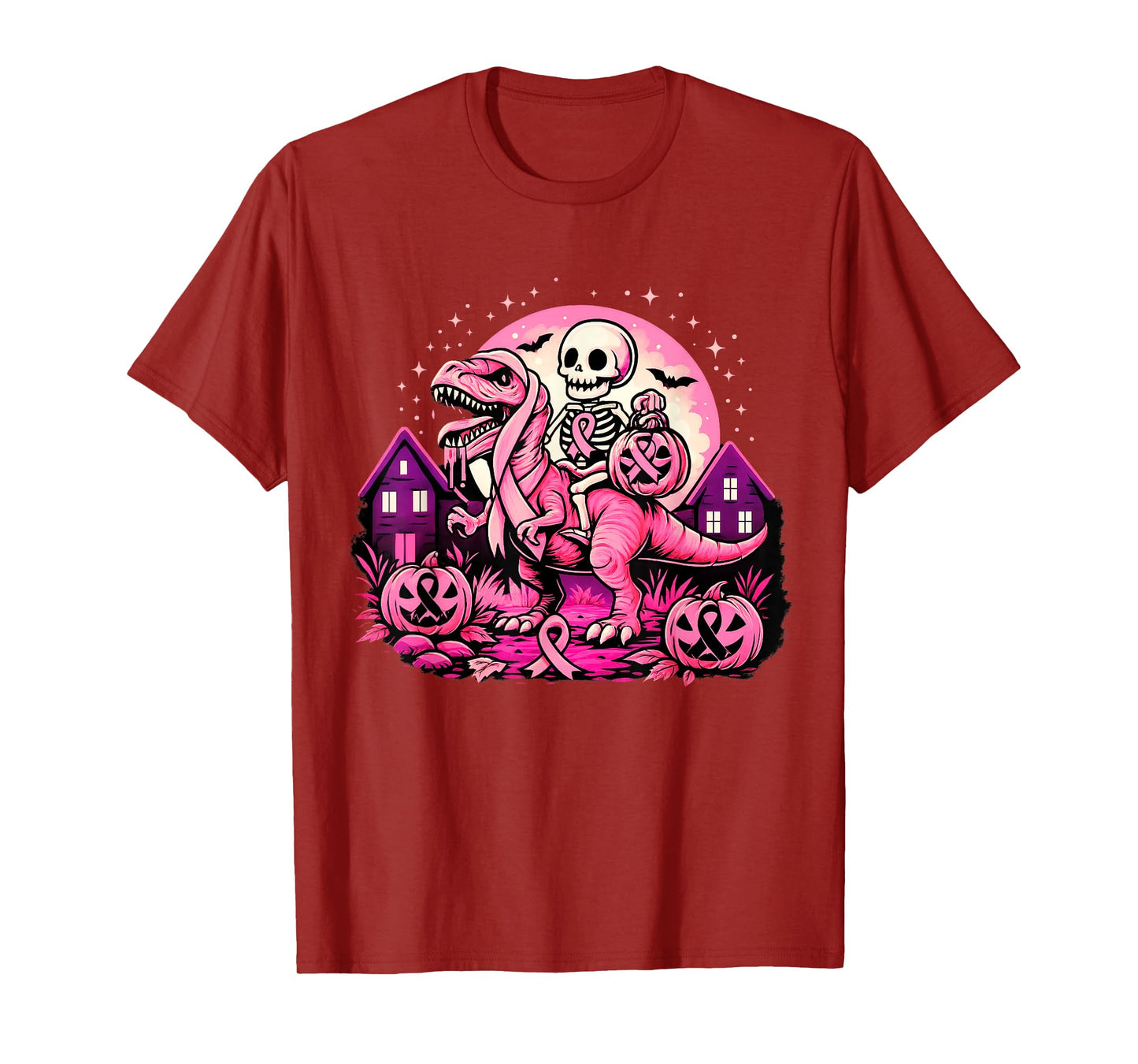 Skeleton Riding Dinosaur T Rex Scary Pumpkin Breast Cancer T-Shirt