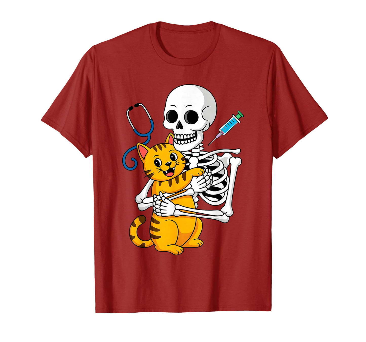 Skeleton Hugging Cat Funny Vet Cat Lover Halloween Men Women T-Shirt