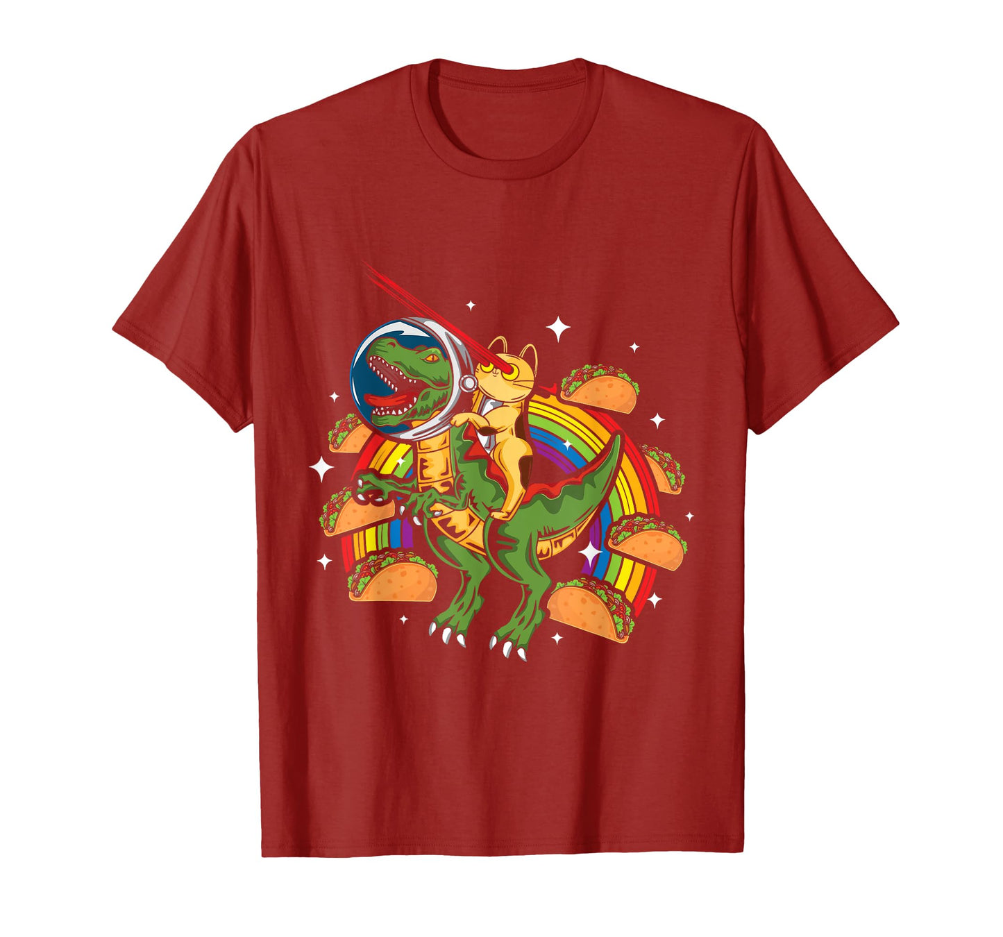 Crazy T-Rex Riding Cat Laser Eye Taco Rainbow Space Dinosaur T-Shirt for Men Women Girls Kids