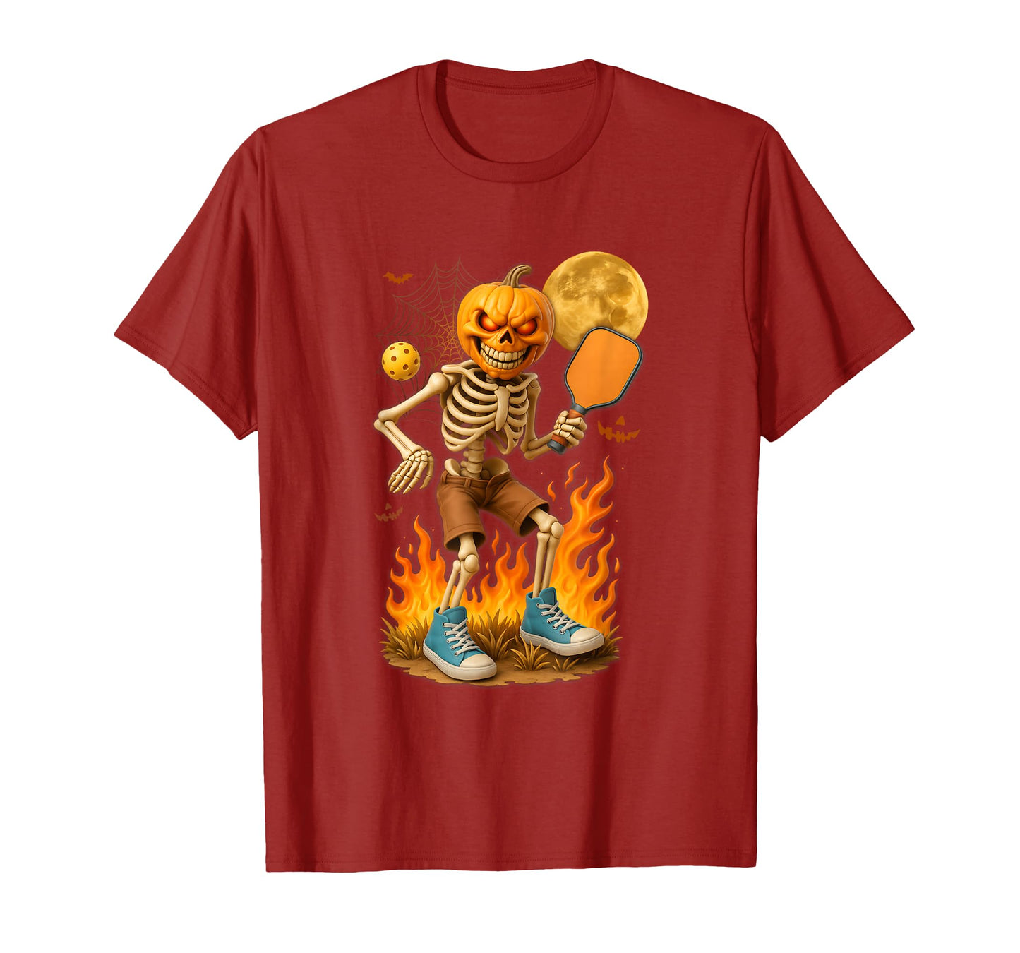 Pumpkin Head Skeleton Playing Pickleball Sports Halloween T-Shirt