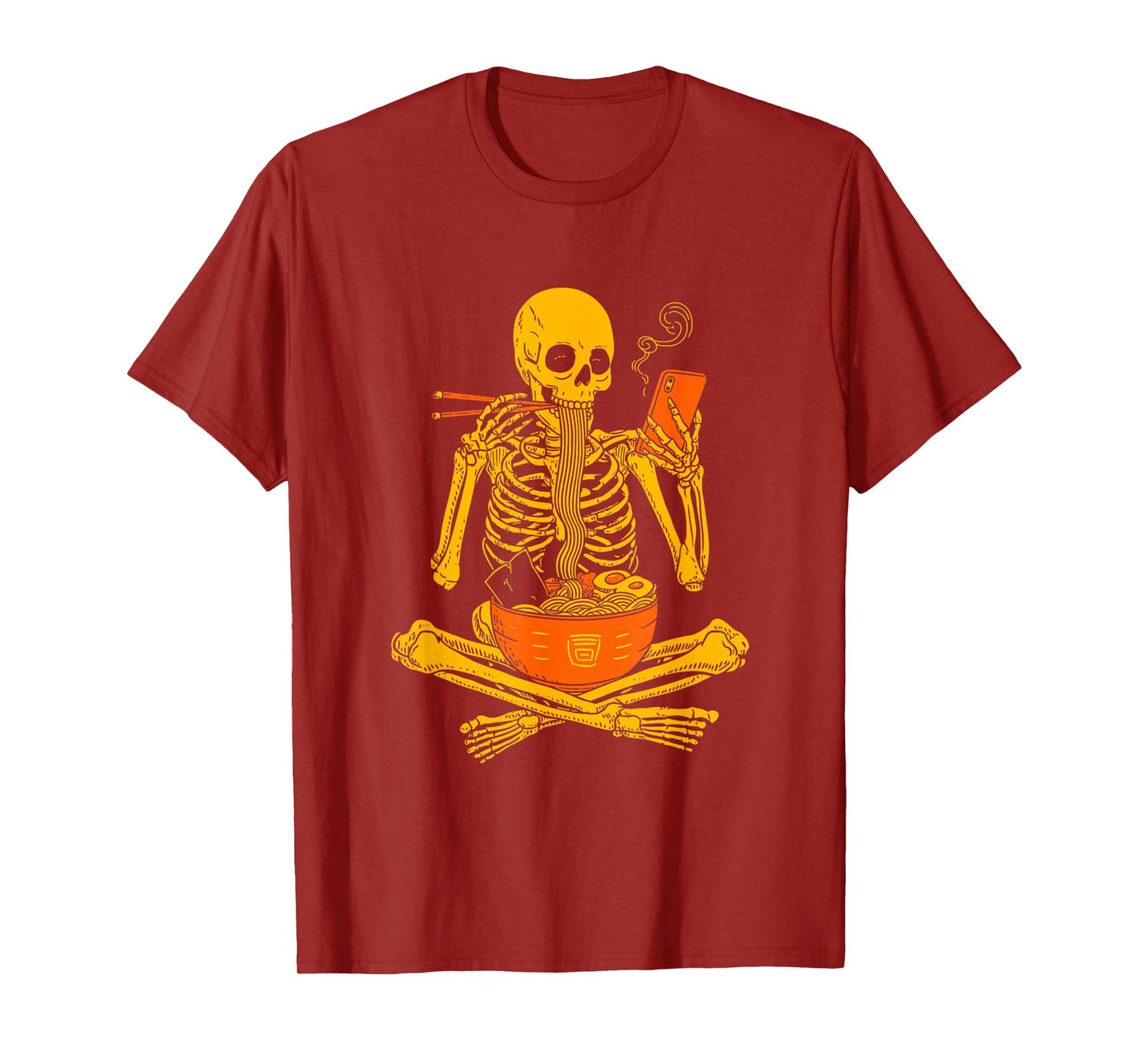 Funny Skeleton Eat Ramen Noodles Scroll Phone Halloween T-Shirt