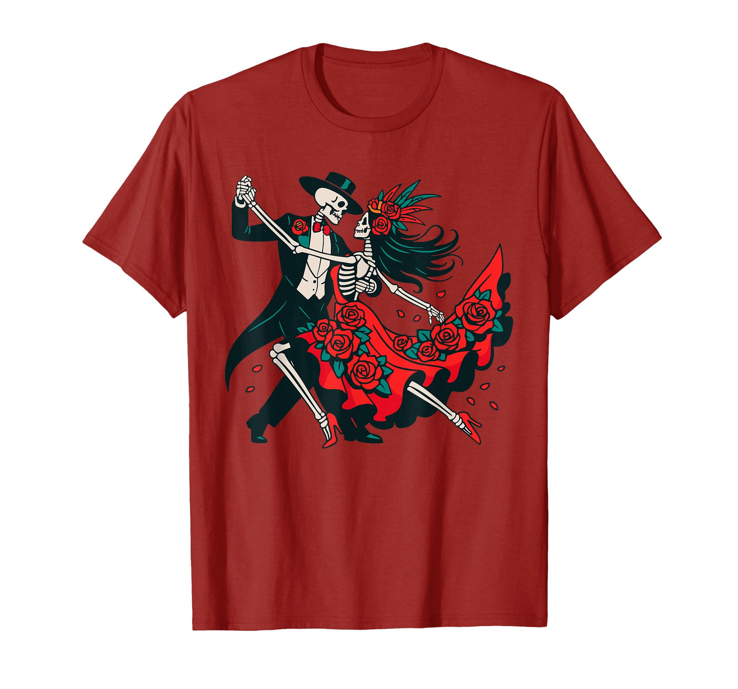 Dia De Los Muertos Couple Costume, Roses Dancing Skeleton T-Shirt