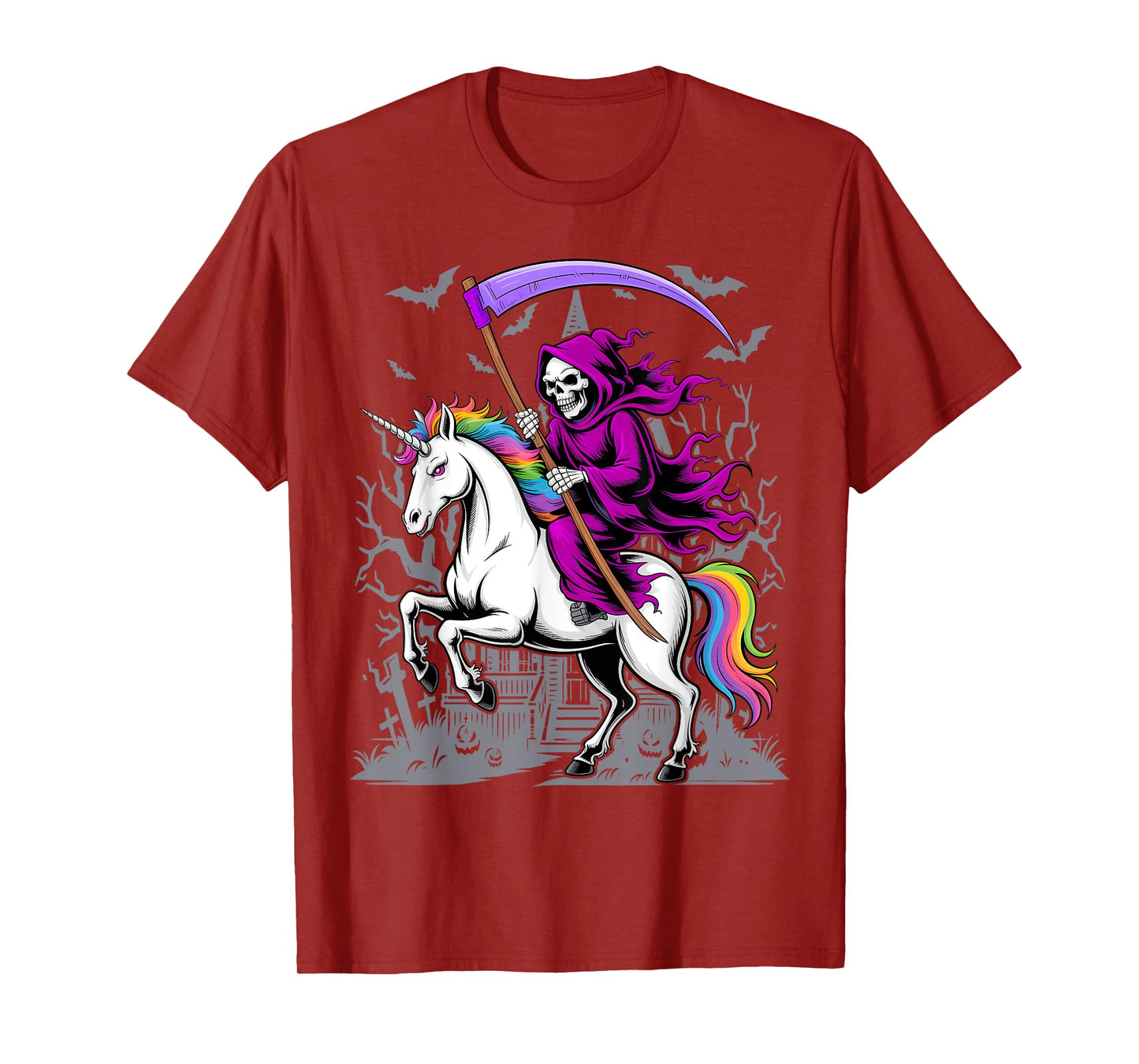 Grim Reaper Riding Unicorn Rainbow Skeleton Halloween T-Shirt
