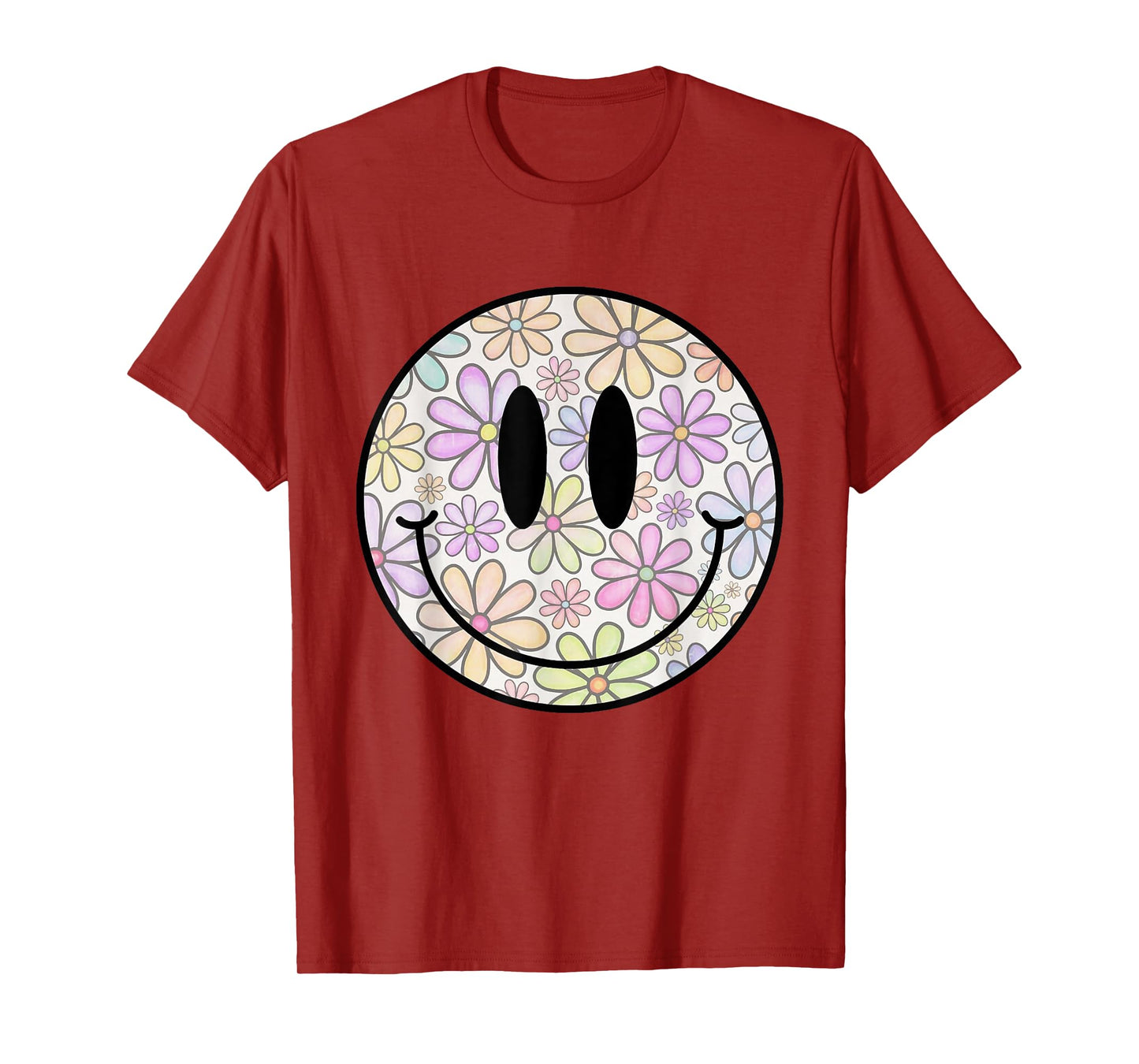 Retro Flower Happy Face Checkered Pattern Smile Face Trendy T-Shirt