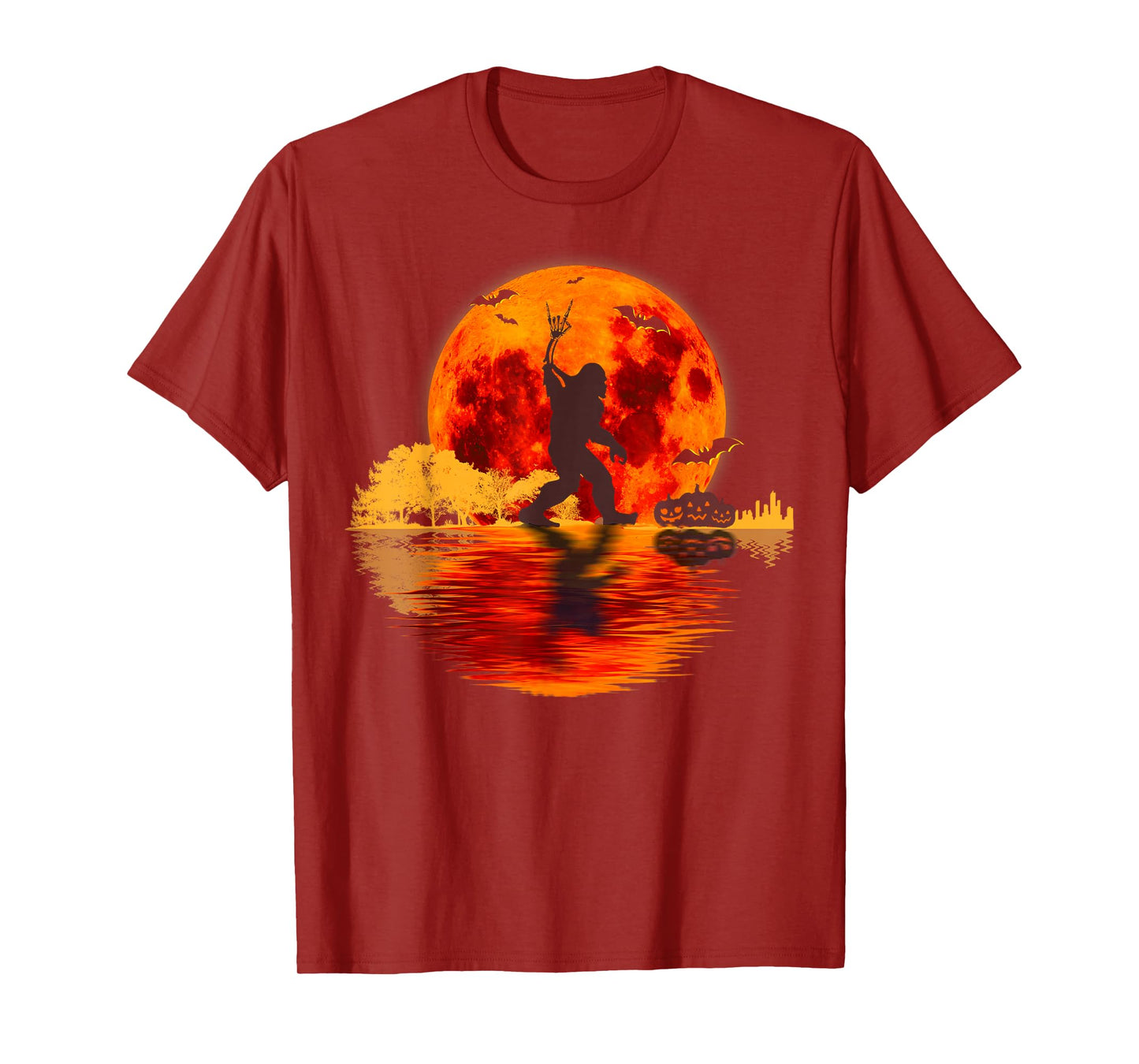 Skeleton Bigfoot Rock On Halloween Blood Moon Sasquatch T-Shirt