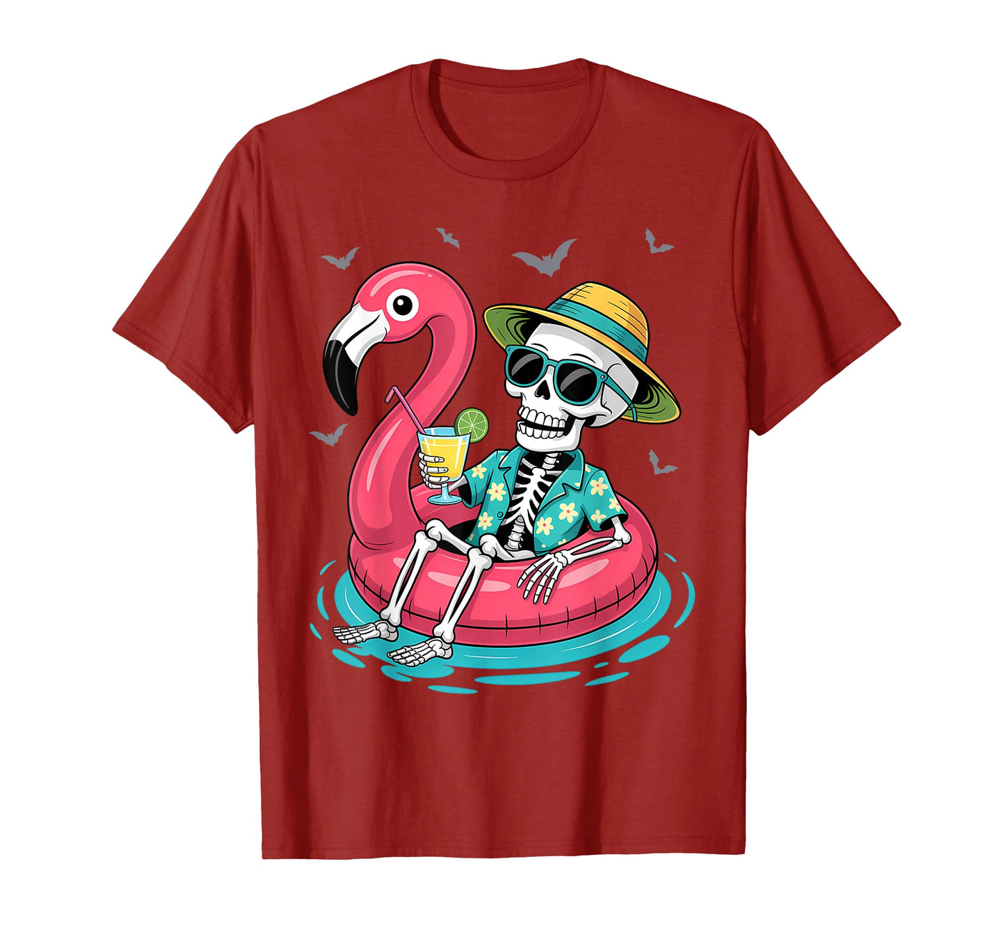 Skeleton Relaxing On Flamingo Float Beach Vibes Halloween T-Shirt