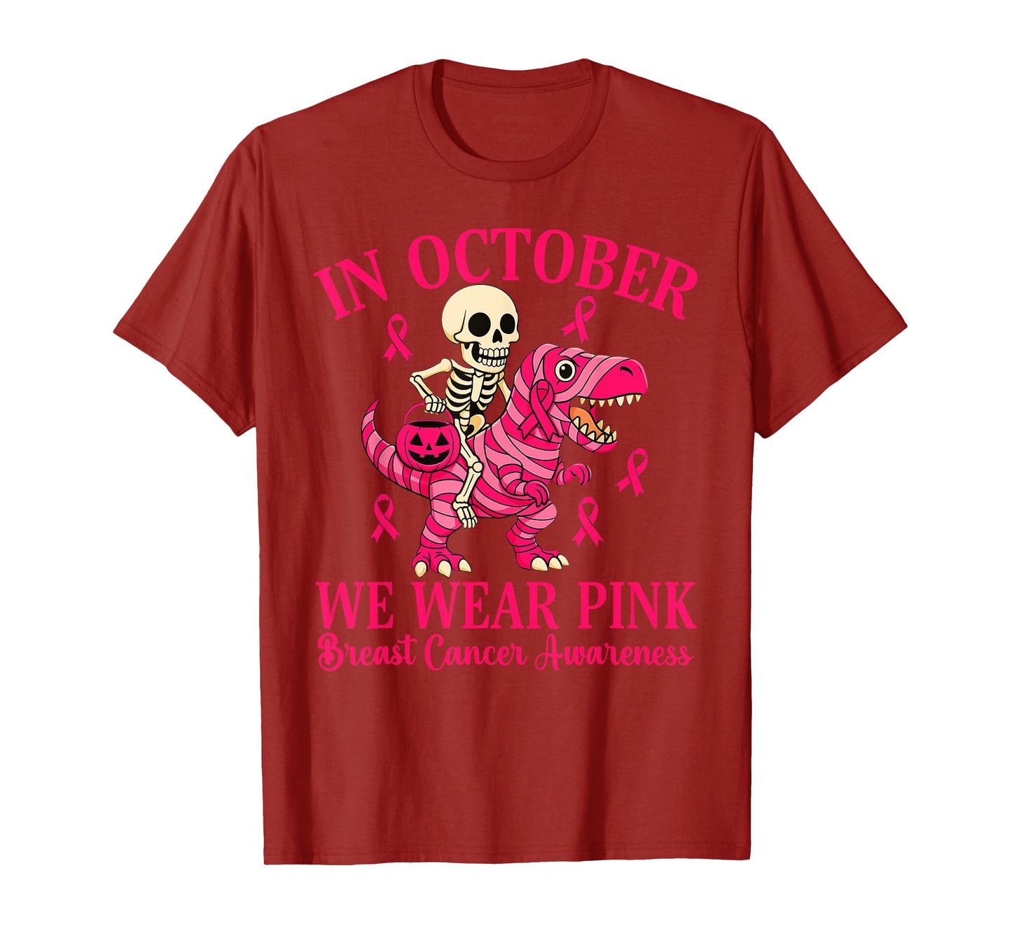 Skeleton Riding Dinosaur Trex Halloween Breast Cancer T-Shirt