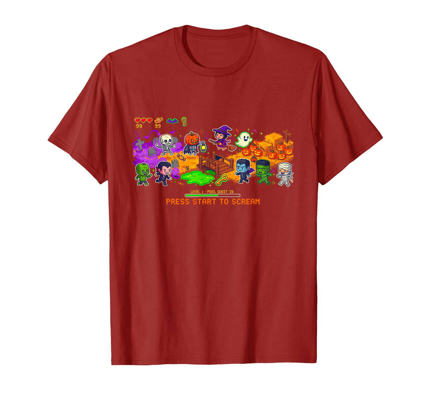 Pixel Art Gamer Ghost Witch Zombie Vampire Costume Halloween T-Shirt